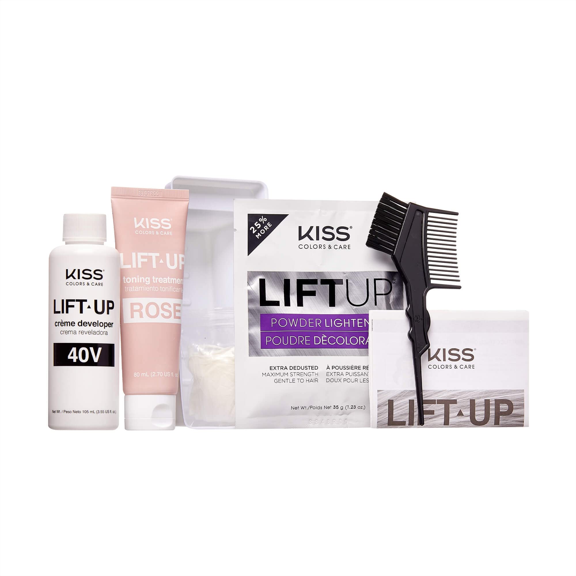 KISS Lift Up Complete Hair Bleach & Rose Pink Toner Kit - Gentle Conditioning Formula to Reduce Brassiness - 6-Piece DIY Bleaching Kit for Rose Gold Hair - Perfect for At-Home Salon Quality Hair Lightening & Toning