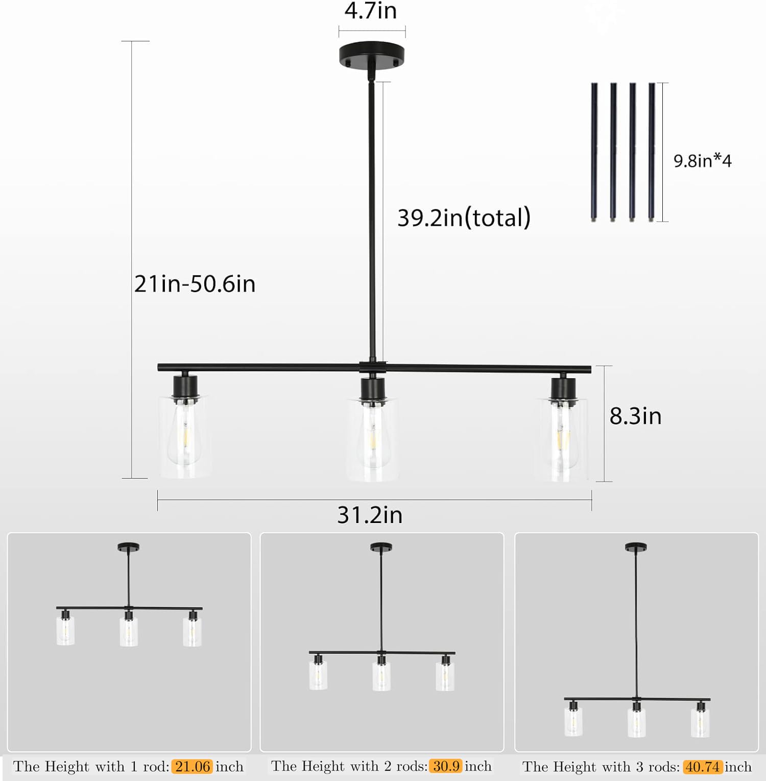 Modern Black Farmhouse Chandelier - 3-Light Pendant Lighting for Kitchen Island, Dining Room & Living Room | Glass Shade Ceiling Hanging Light Fixture | Perfect for Entryway, Foyer & Home Decor