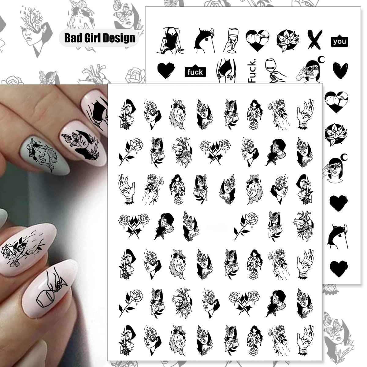 Bad Girl Nail Stickers - 8 Sheets 3D Black White Nail Decals for Women | Party & Night Out Nail Art