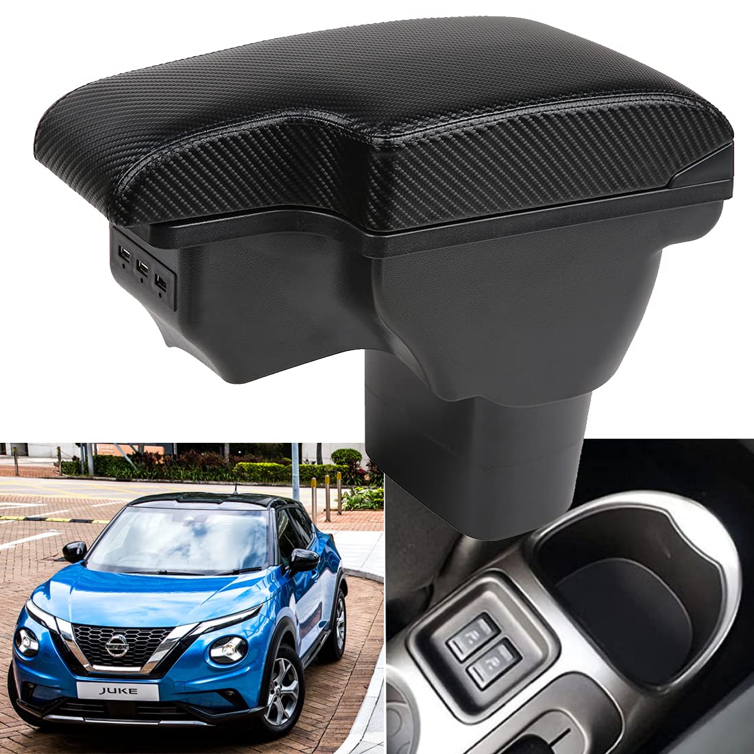 Dual Layer Car Armrest Storage Box with 3 USB Ports for Nissan Juke & Infiniti ESQ - Black | Center Console Organizer for Road Trips & Daily Commute
