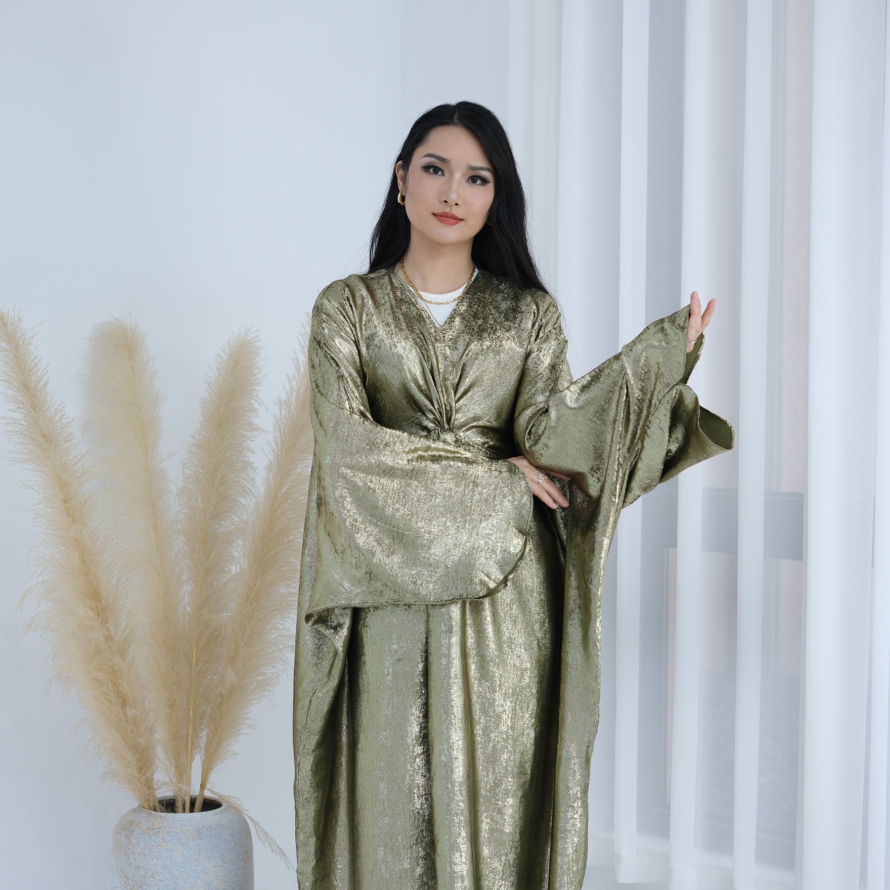 Elegant Florence Knot Shimmer Abaya Dress - Olive Green Islamic Prayer Gown for Women | Perfect for Eid, Mosque, and Special Occasions