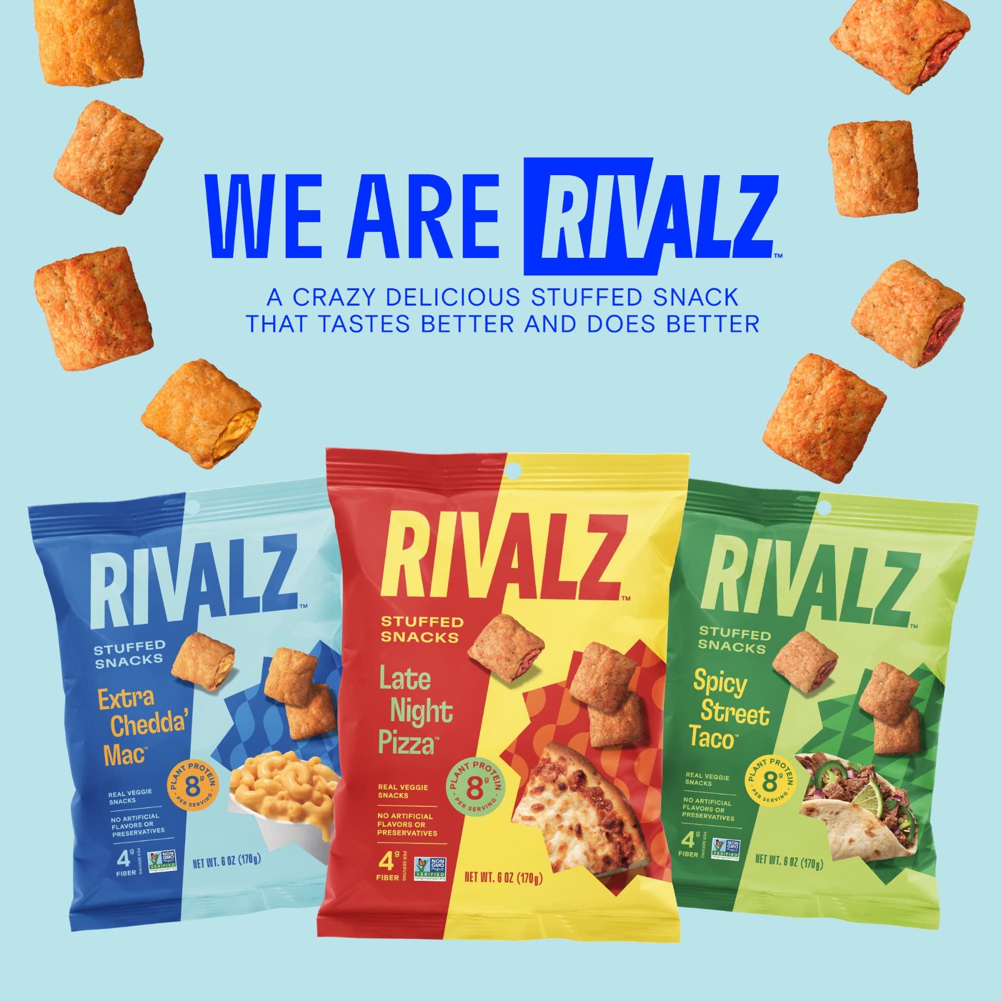 Rivalz Snacks - High Protein & Fiber Stuffed Snacks | Gluten Free, Vegan, Non-GMO, Low Glycemic, Plant-Based | Zero Added Sugar | Healthy Snacks for Adults & Kids | 6-Count Variety Pack | Perfect for On-the-Go, School Lunches & Office Snacking