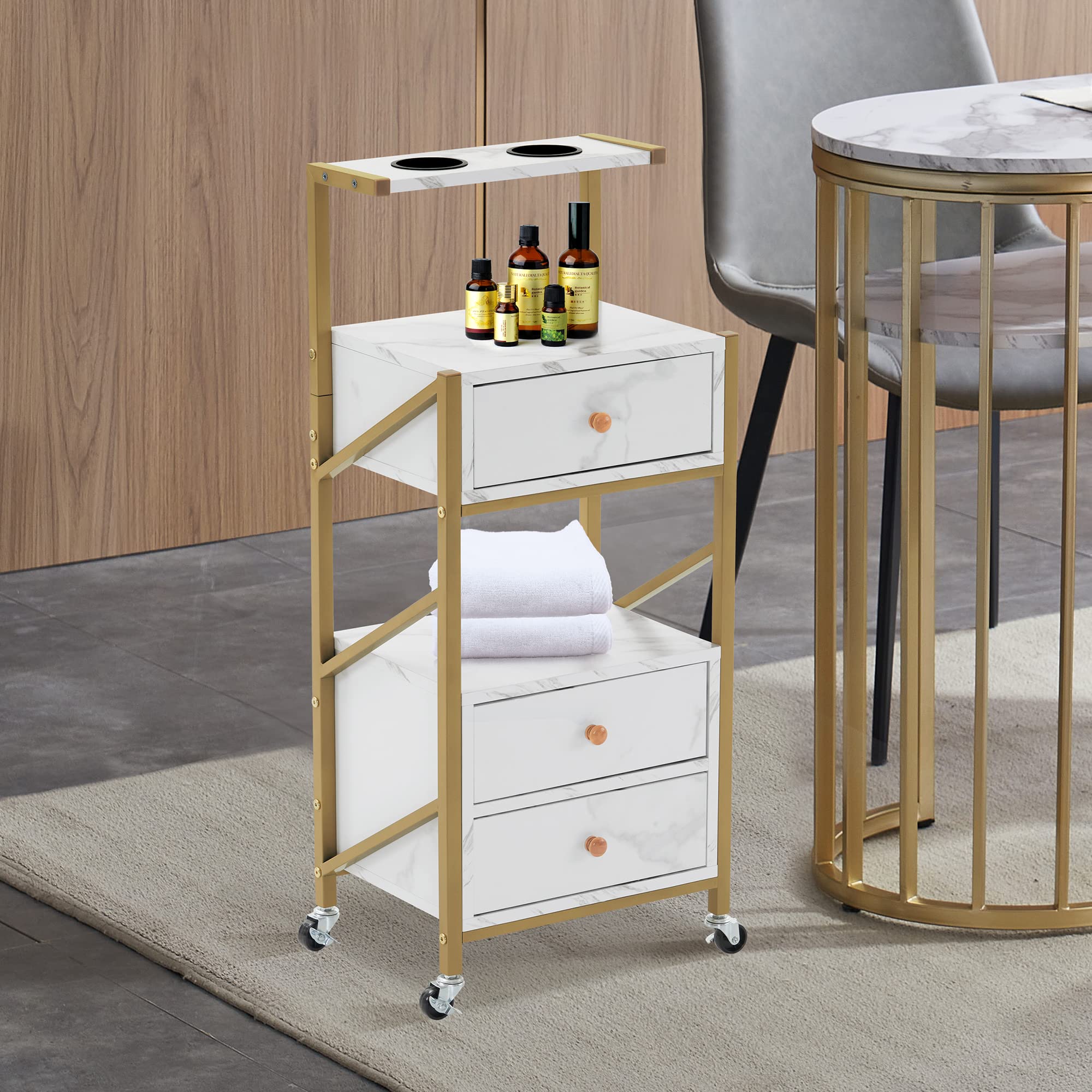 Professional Barber Salon Trolley Cart with Wheels - 3 Drawers Rolling Beauty Station with Marble Top & 2 Hair Dryer Holders - Mobile Makeup Storage Organizer for Salon, Barber Shop & Home Use (White)