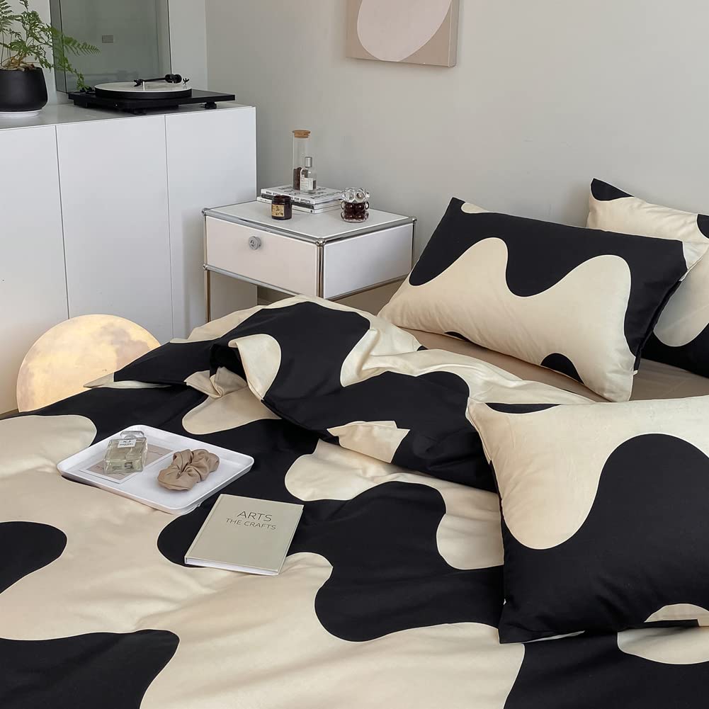 Modern Geometric Duvet Cover Set Twin - 100% Cotton Bedding with Cream White Black Cows Pattern - 3 Piece Comforter Cover for Single Bed | Perfect for Kids' Rooms, Guest Bedrooms & Contemporary Home Decor