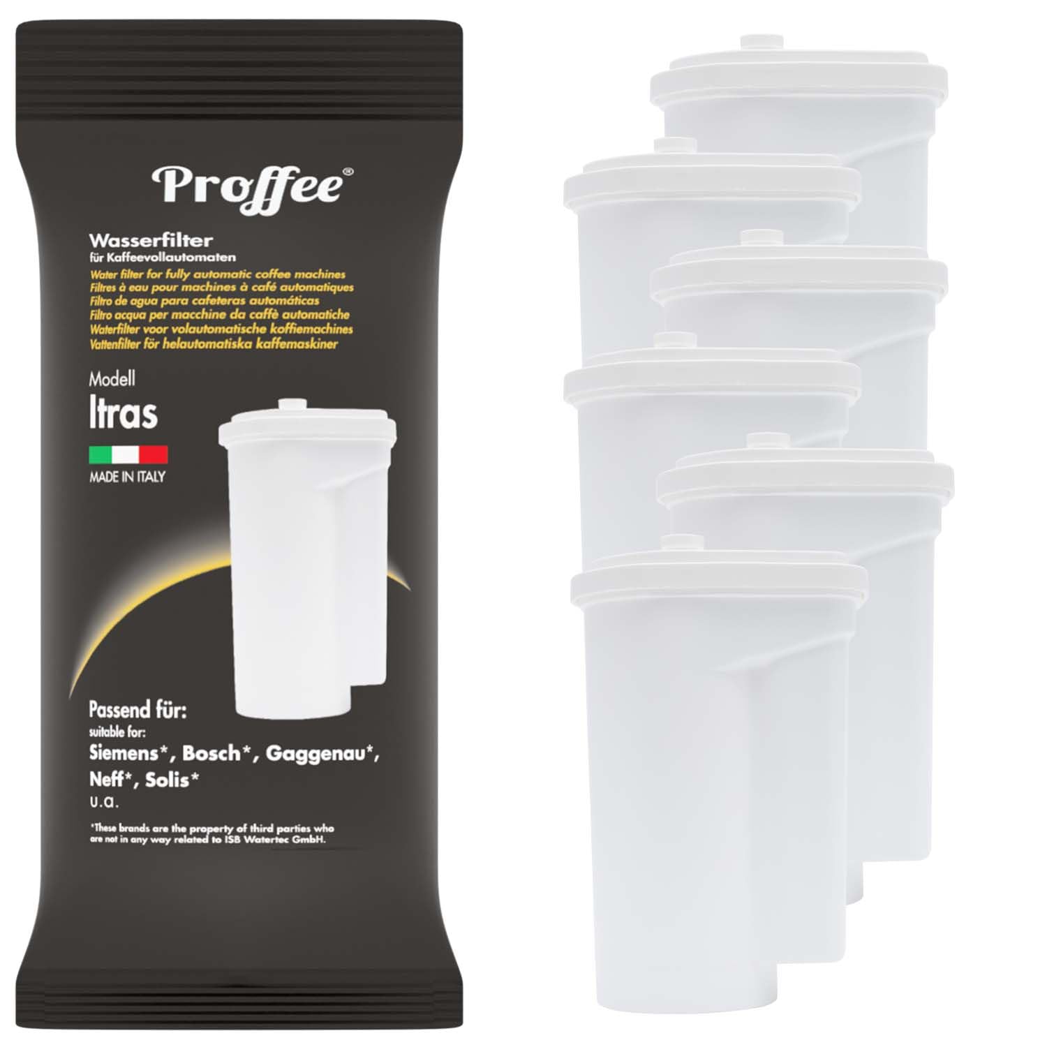 Proffee Itras | 6-Pack Water Filters Compatible with Siemens EQ Series, Bosch Series 2 & 8, Gaggenau 200 & 400 Automatic Coffee Machines - Replaces Brita Intenza Cartridge | Made in Italy | Perfect for Home & Office Coffee Brewing