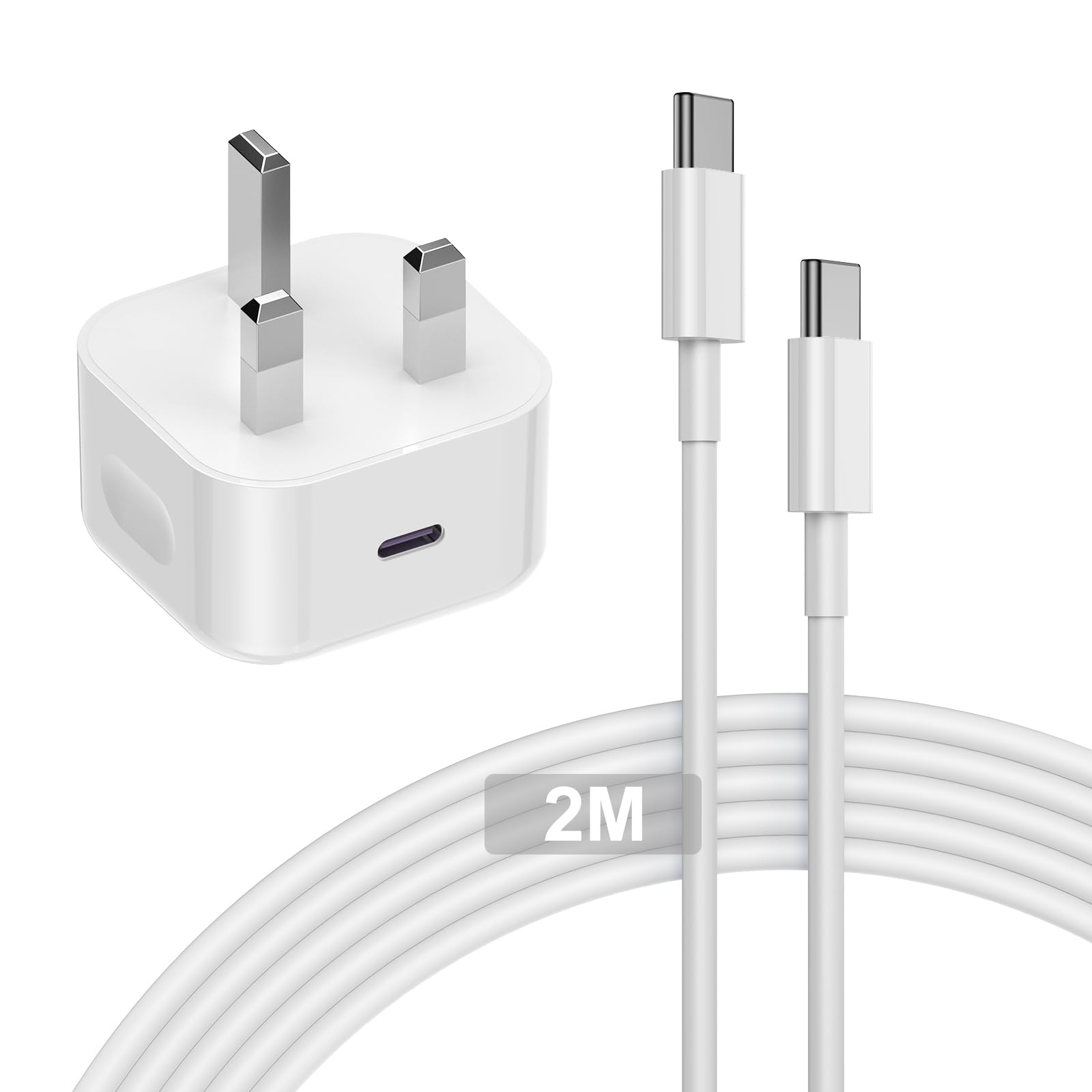 MFi Certified 20W USB-C Fast Charger Plug with 2M USB-C to USB-C Cable - PD Fast Charging for iPhone 16/15 Series, iPad Pro/Air/Mini - UK Wall Power Adapter | Perfect for Home, Office & Travel Charging