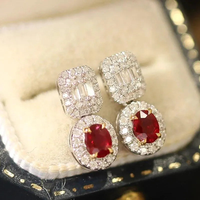18K White & Yellow Gold Ruby Earrings for Women – Oval T-Square Diamond Jewelry – Perfect for Weddings, Anniversaries & Special Occasions
