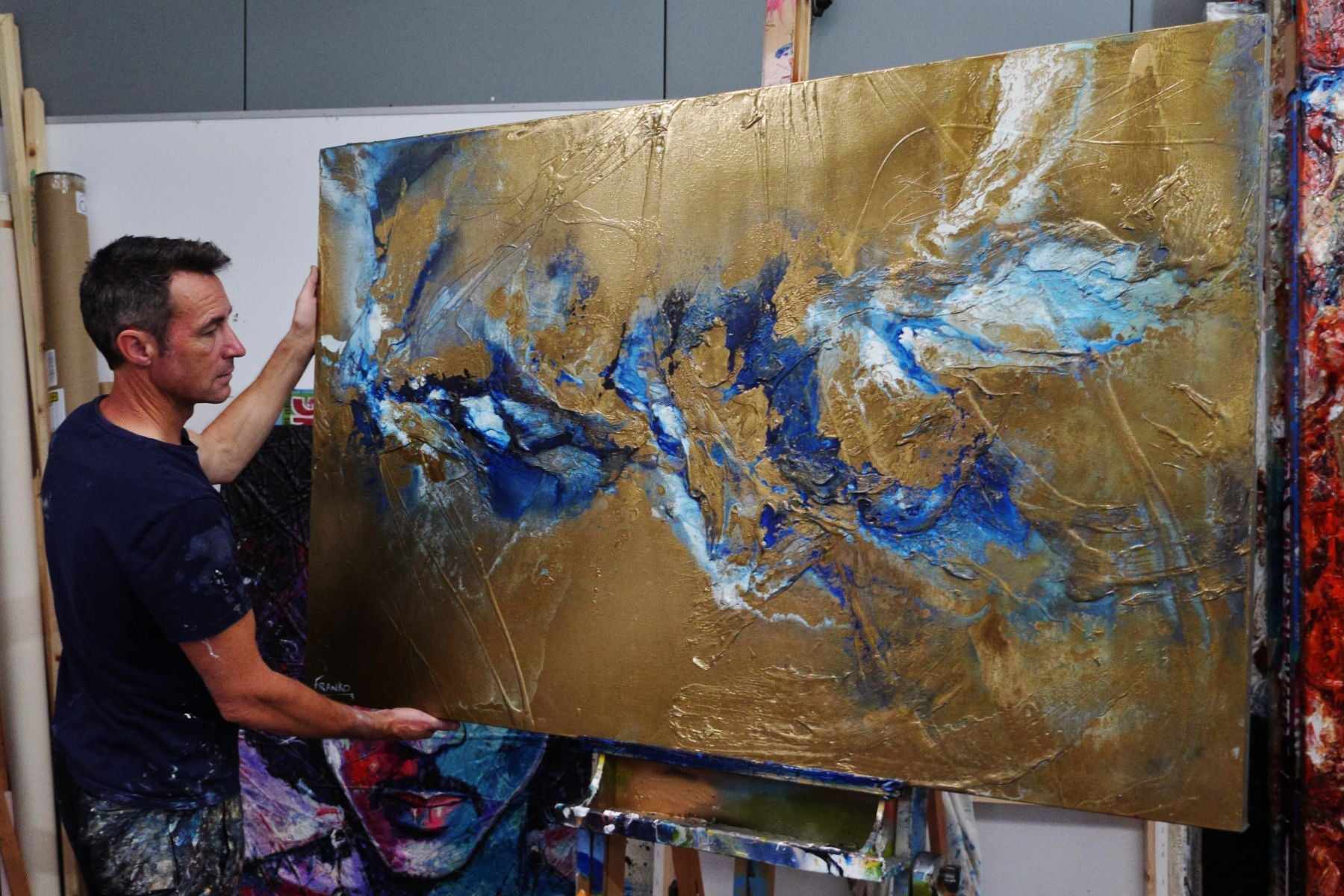 Metallic Sapphire 160cm x 100cm Gold Blue Textured Abstract Canvas Art - Modern Wall Decor for Living Room, Bedroom & Office