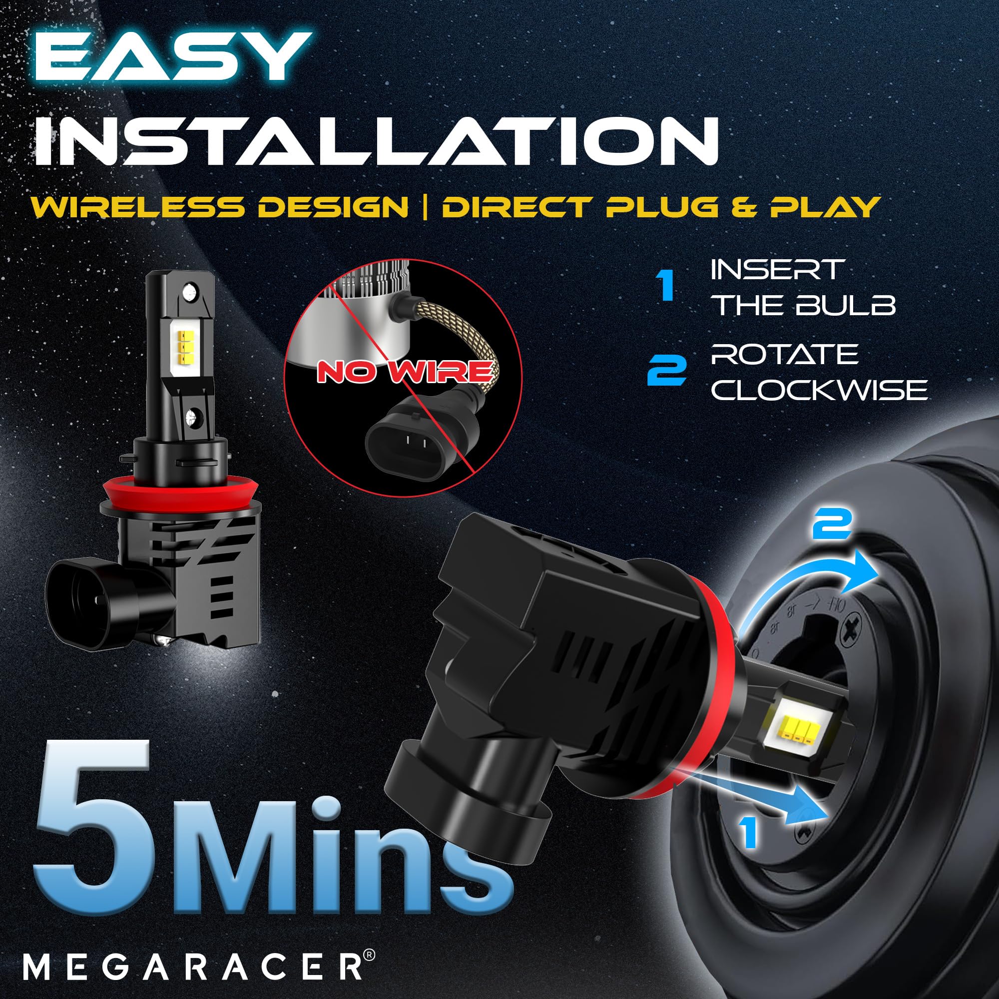 Mega Racer H11 H8 H9 LED Fog Light Bulbs - 700% Brighter 6500K Crystal White - Plug and Play Car Fog Lights for Enhanced Visibility in Rain & Snow - Pack of 2