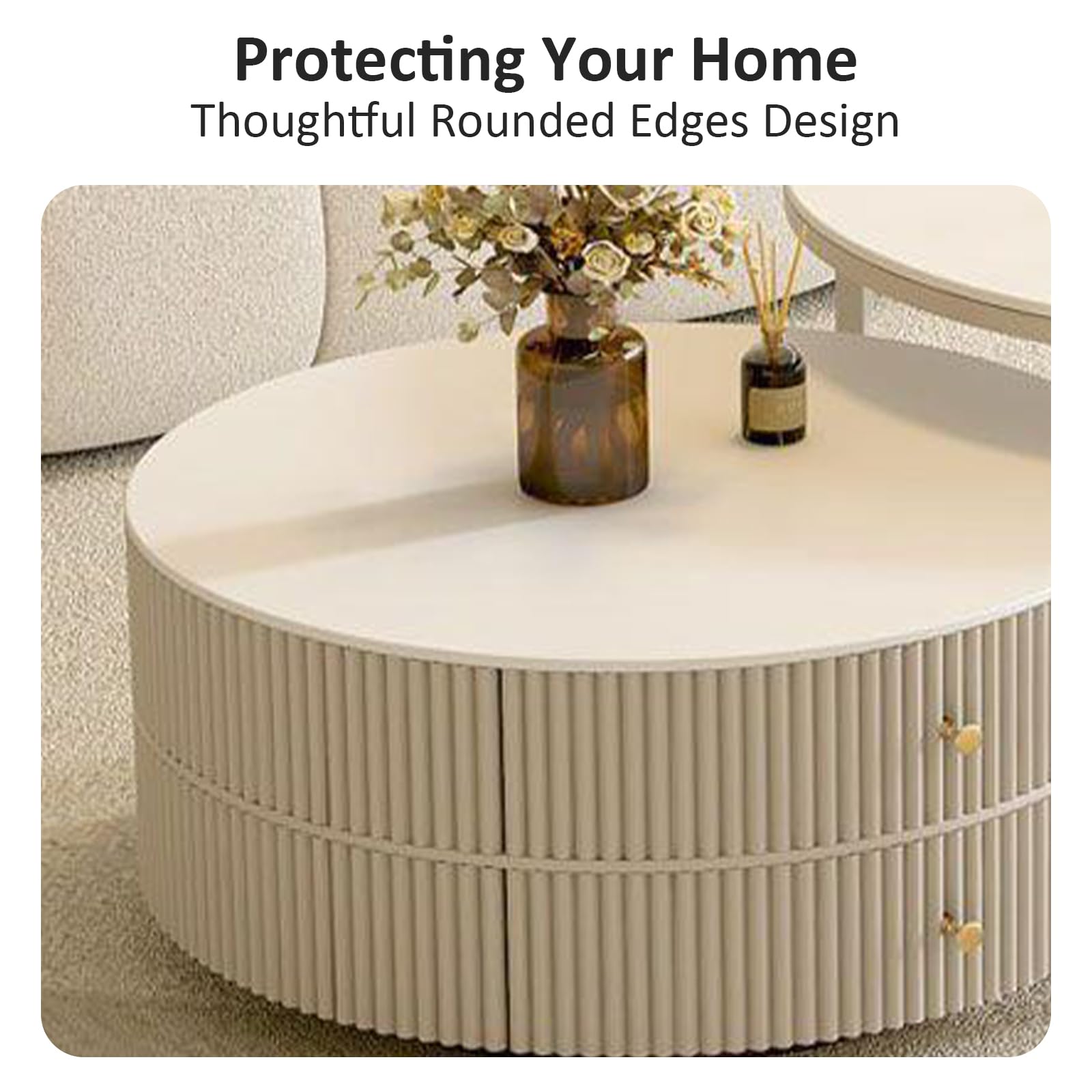 Premium Nesting Coffee Table Set of 2 with Leather Stool - Ivory Wood Circle Embossed Design & 2 Drawers - Round Baking Paint Frame Coffee Table for Living Room, Lounge & Small Spaces