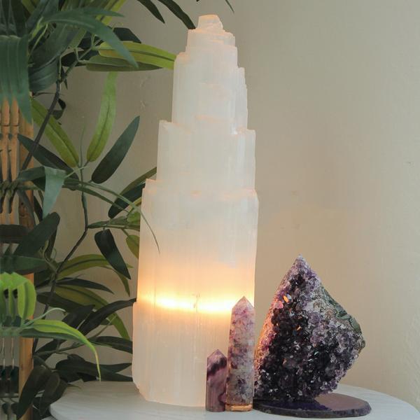 Natural Selenite Crystal Tower Lamp - 15cm & 20cm Height Options, Warm White Glow for Meditation, Yoga & Home Decor