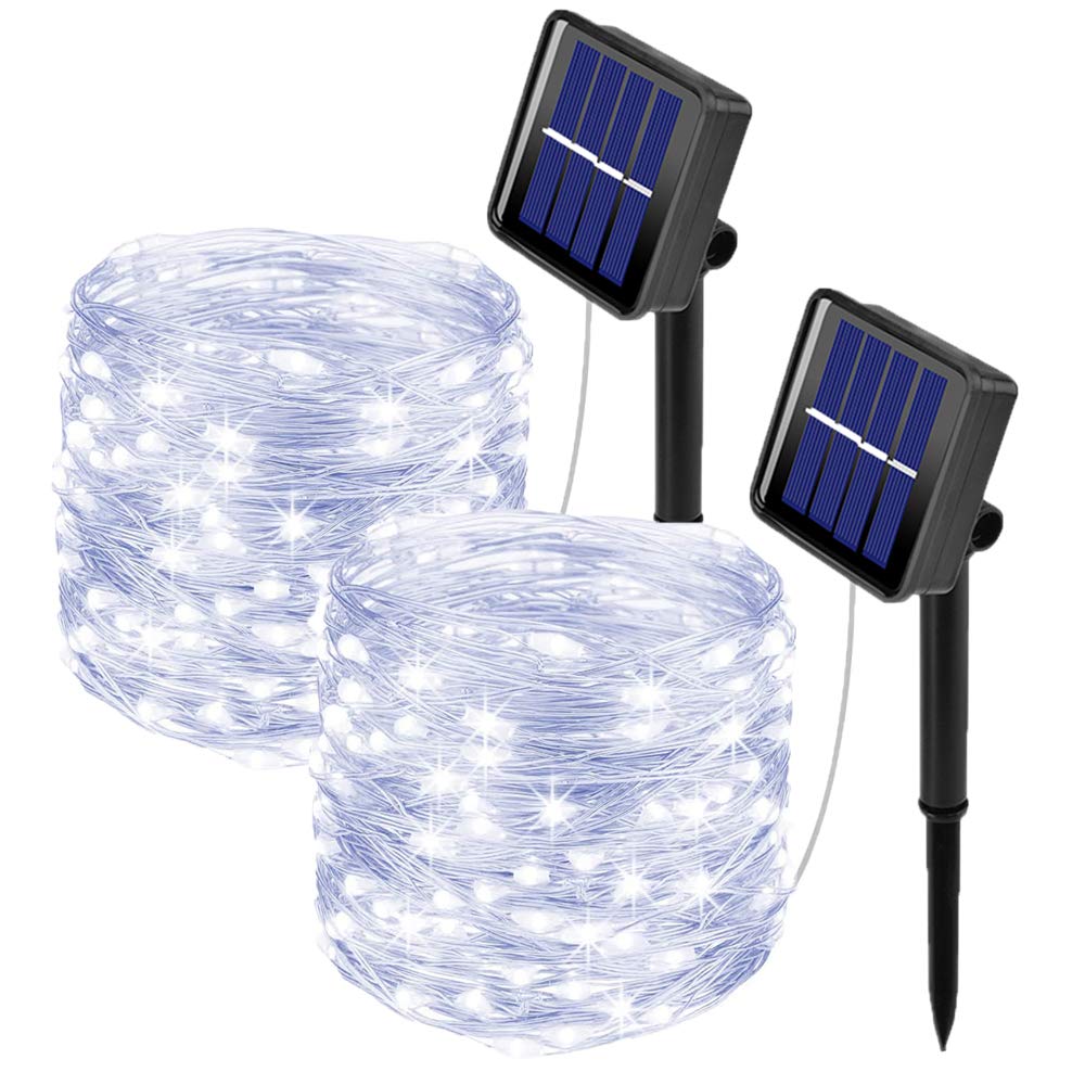 Ooklee 2 Pack 33FT 100LED Solar Fairy Lights - Outdoor Waterproof Solar String Lights with 8 Modes, Silver Copper Wire Twinkle Lights for Garden, Wedding, Christmas Party, Patio, Backyard, and Home Decoration (Cool White)