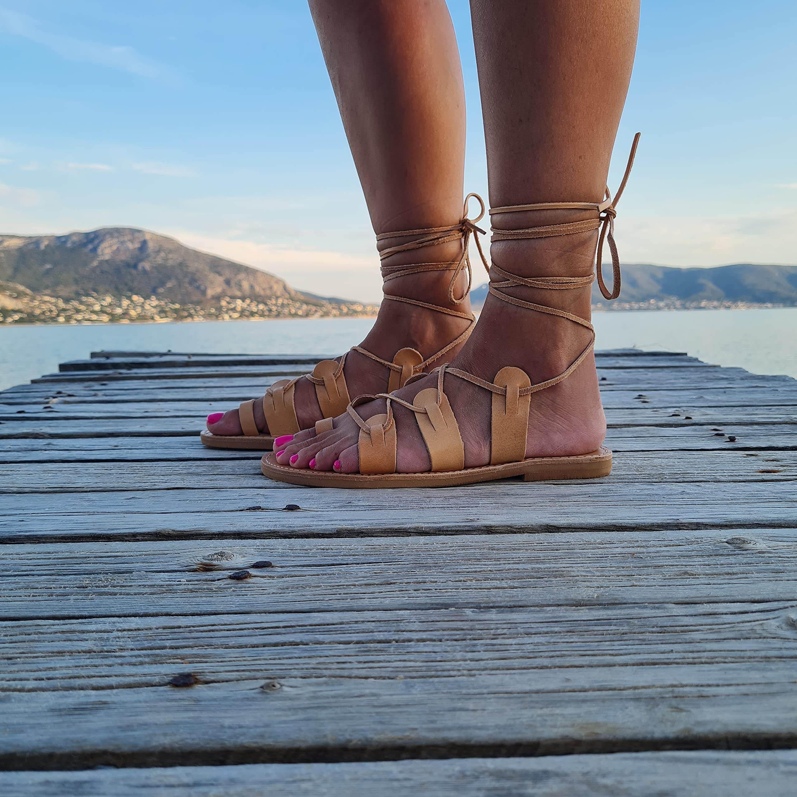 Handmade Greek Leather Sandals - Tie Up Gladiator Sandals for Women | Lace Up Flat Sandals | Perfect for Beach, Vacation & Summer Outfits