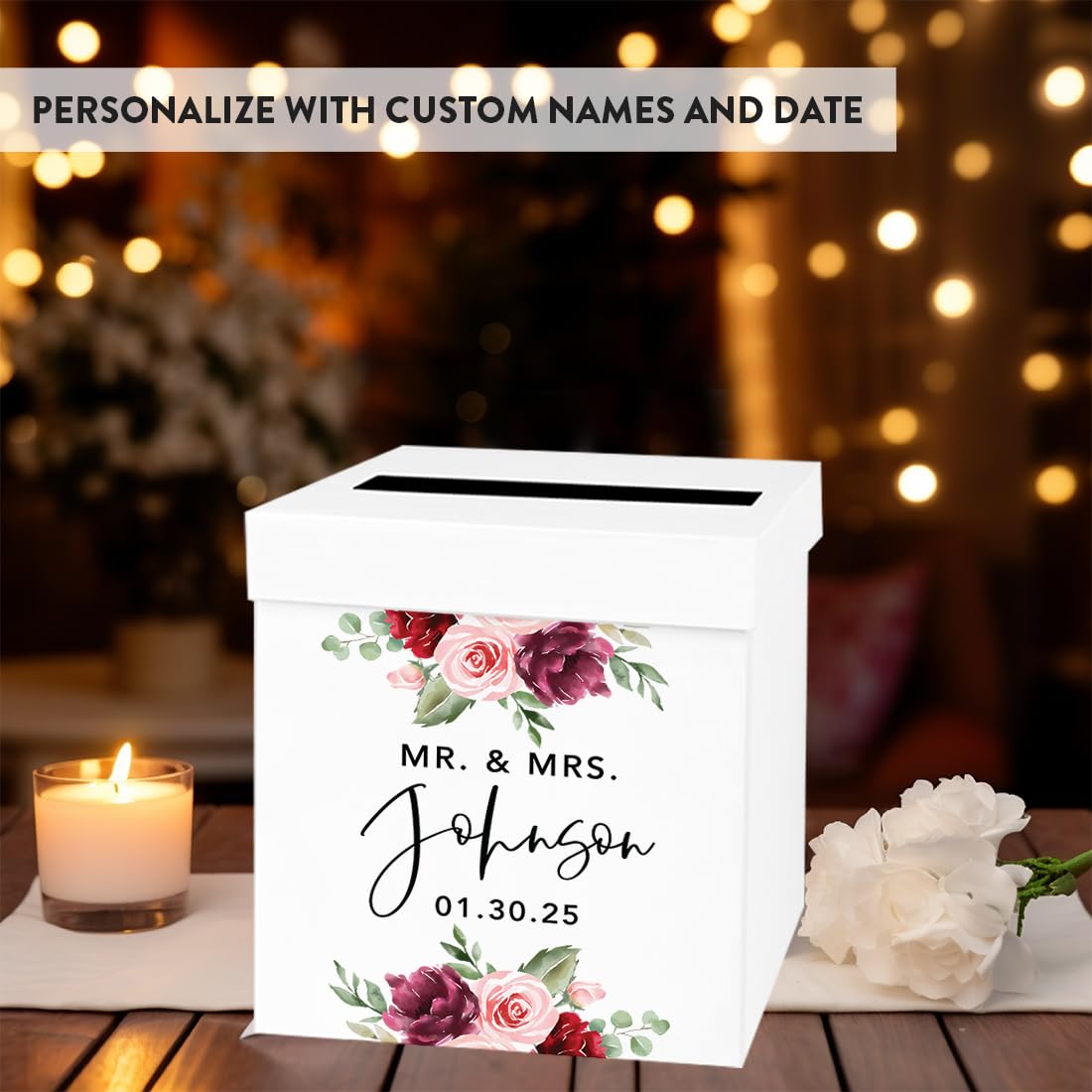 Personalized Wedding Card Box 10x10x10 - White Floral Gift Box for Wedding Cards & Gifts