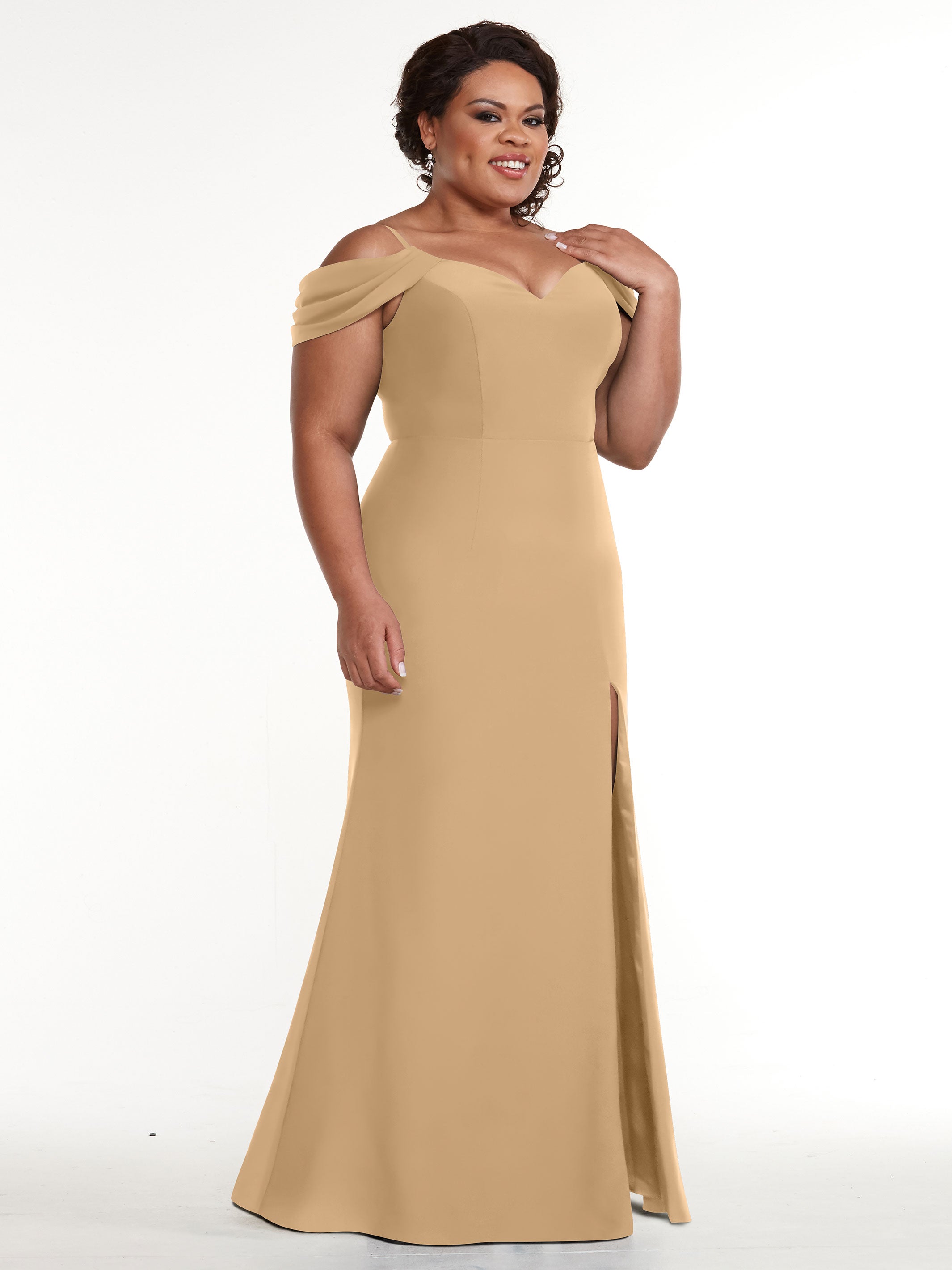 Elegant 83029 Stretch Chiffon Off-Shoulder Bridesmaid Dress with Thigh High Slit - Perfect for Weddings, Parties & Formal Events