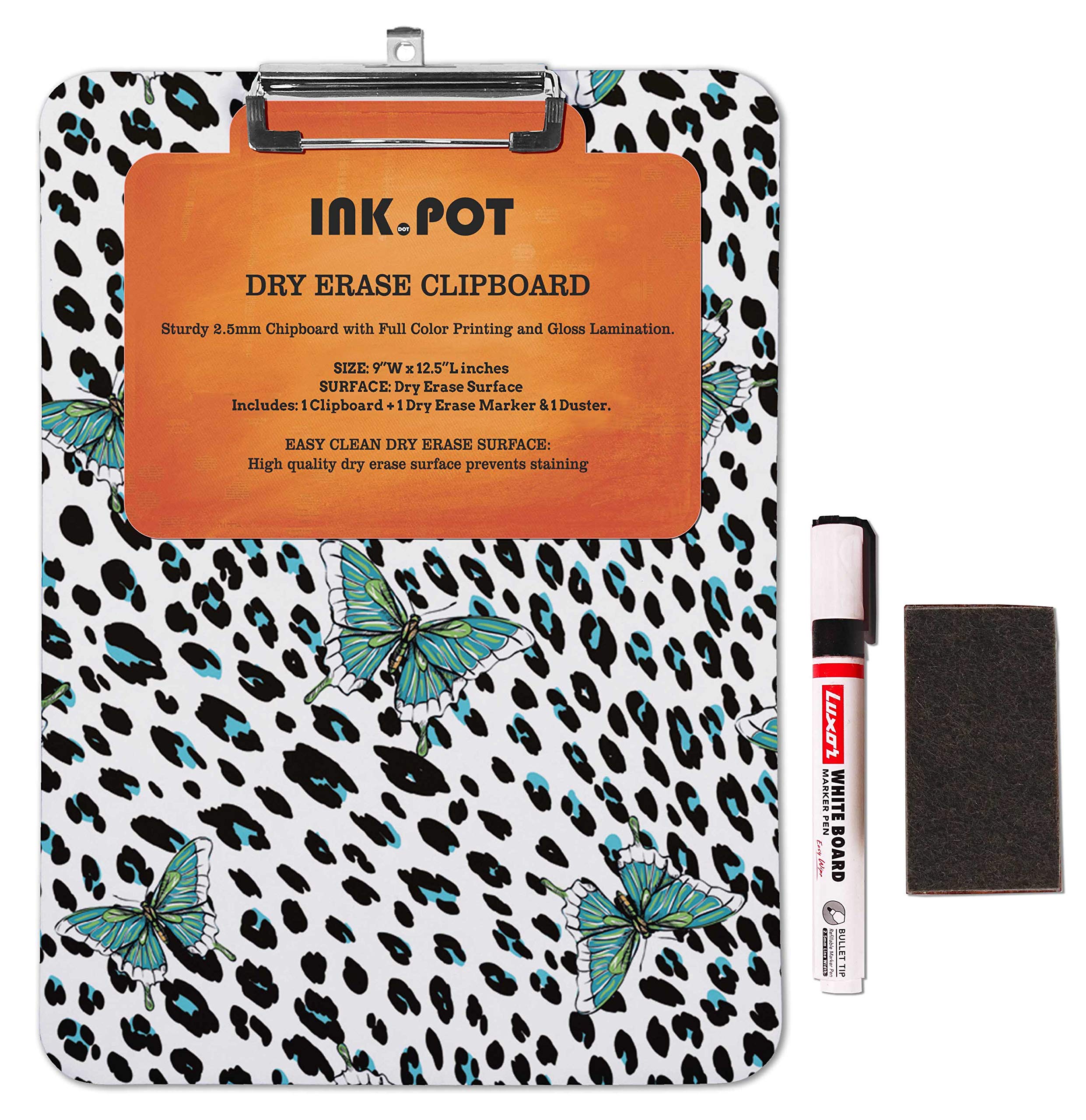 Double Sided Dry Erase Clipboard 9x12.5 - Letter Size with Marker & Duster for Office & School