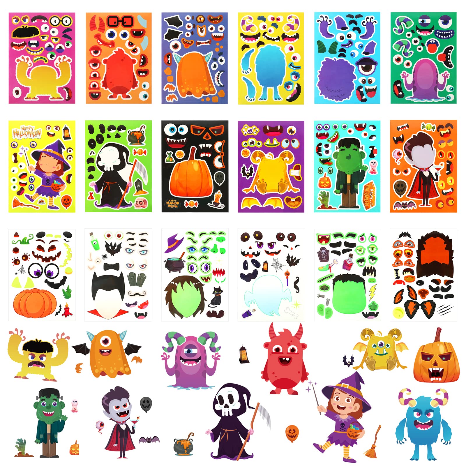Halloween Stickers for Kids - 36 DIY Monster & Pumpkin Stickers for Party Games & Activities