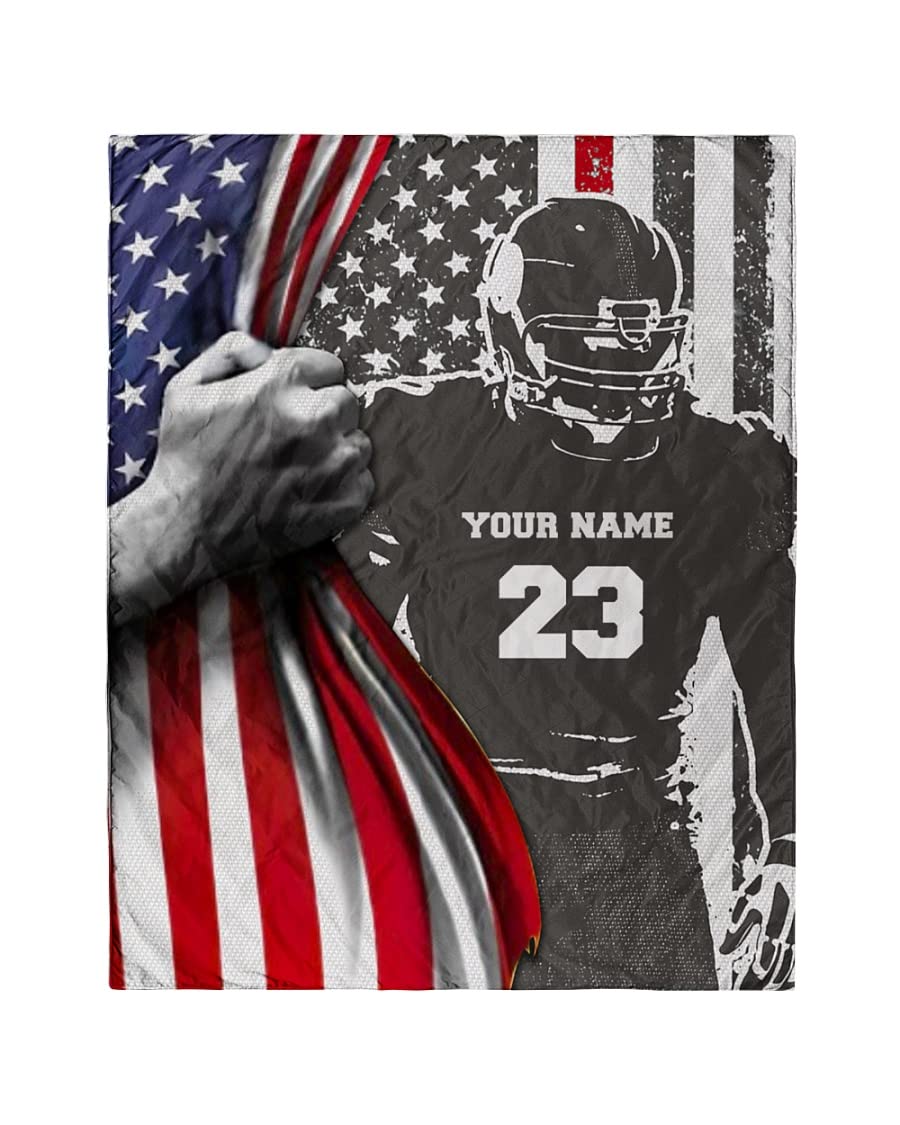 Personalized American Flag Football Blanket - Custom Name Gifts for Football Players | Christmas, Halloween, Birthday Presents for Son from Mom & Dad | Cozy Throw for Game Nights, Tailgating & Home Decor (White)