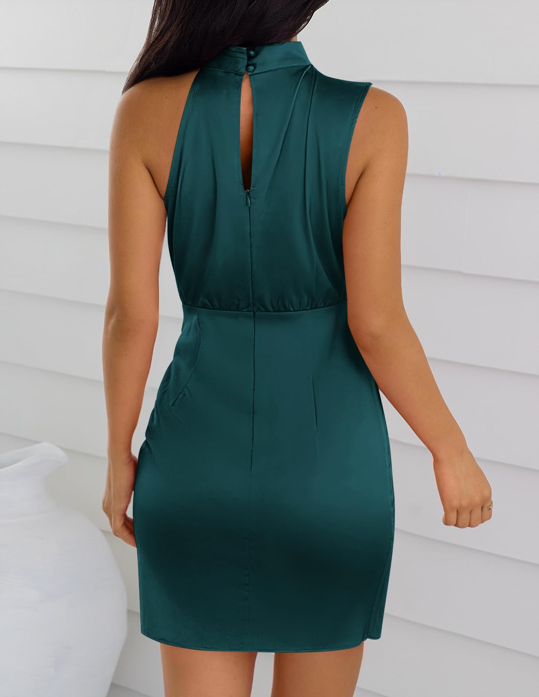 ZESICA Women's 2025 Fashion Satin Sleeveless Halter Neck Tie Waist Wrap Bodycon Mini Dress for Cocktail Party, Night Out, Date Night & Special Occasions