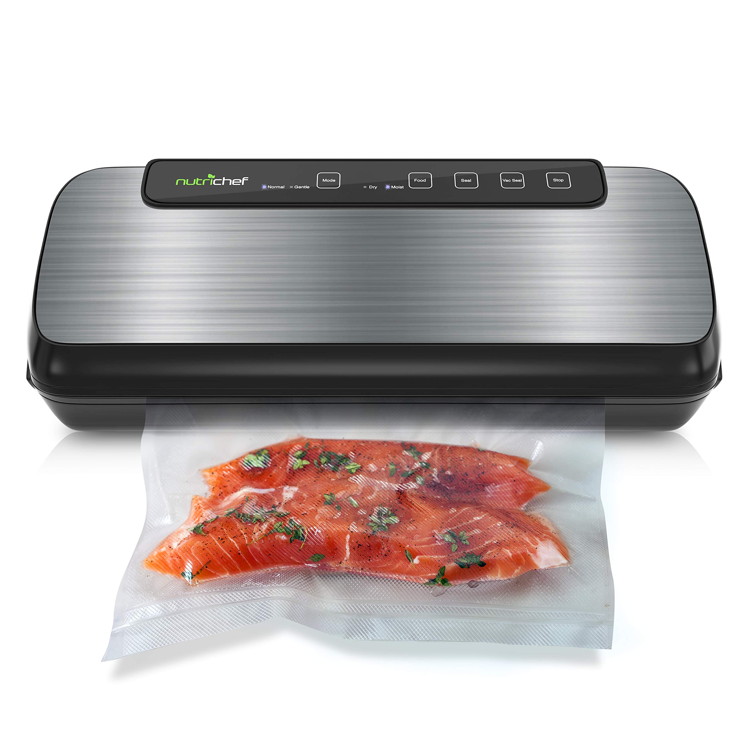 NutriChef Stainless Steel Vacuum Sealer Machine for Food Preservation - Powerful Adjustable Suction with Dry & Moist Modes, LED Display, Includes Bags & Wine Stopper - Perfect for Meal Prep, Sous Vide, Freezer Storage & Long-Term Food Saving