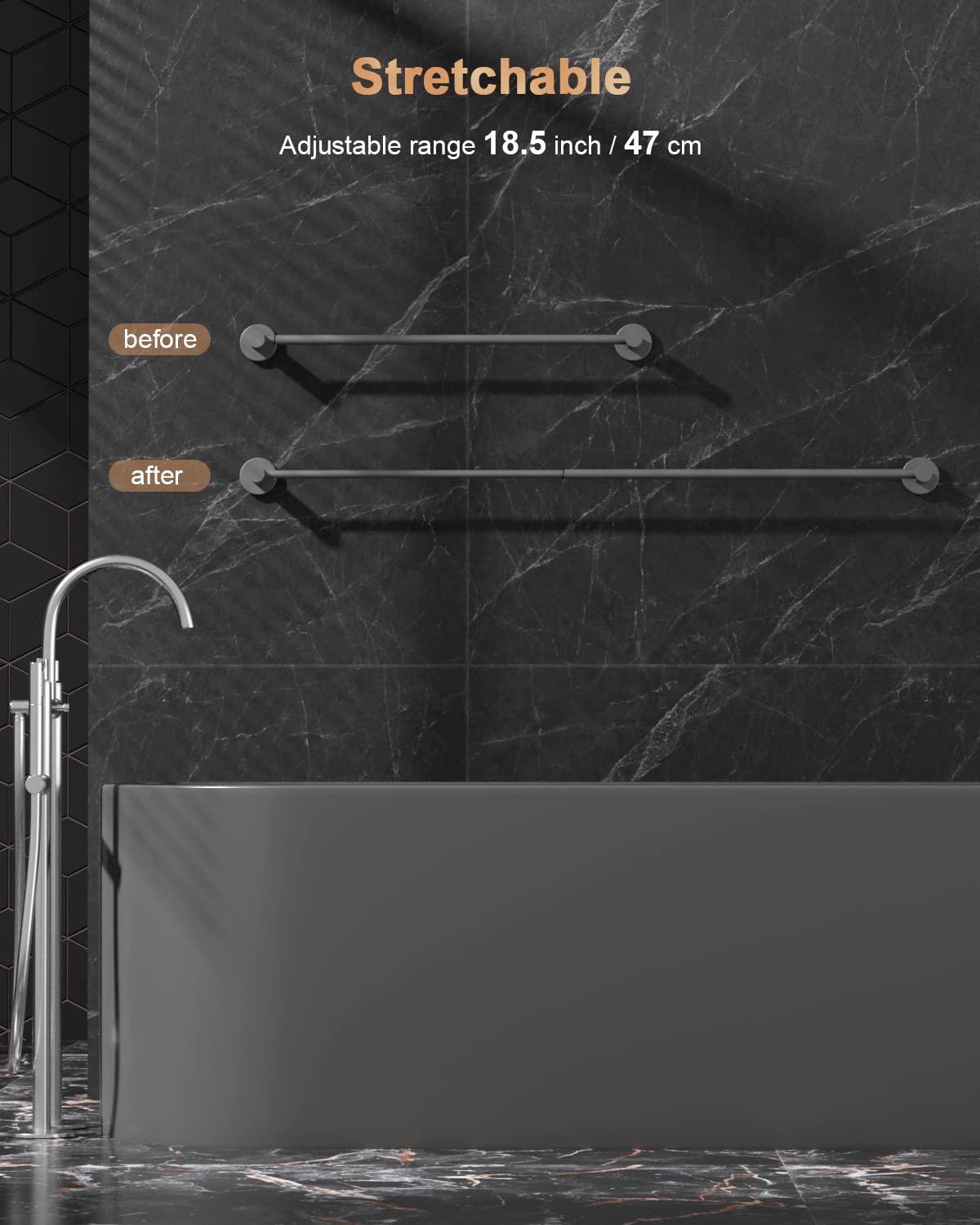 Adjustable Single Bath Towel Bar 23.6 to 42 Inch - ZUEXT Iron Gray Stainless Steel Expandable Towel Holder - Wall Mounted Towel Rail for Bathroom, Kitchen, Washroom - 1