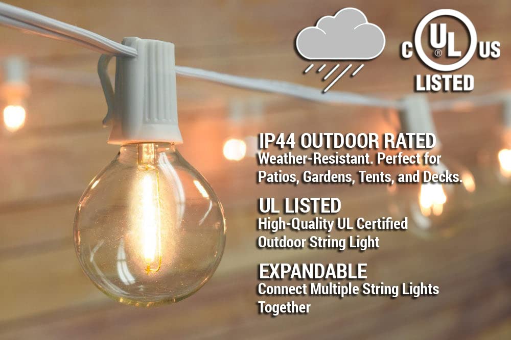 102 FT Shatterproof LED Outdoor String Lights - 100 E12 C7 Base Sockets, White Cord, G40-1.6 Inch Bulbs (1 Watt) - Perfect for Patio, Garden, Backyard & Wedding Decor - Durable Weatherproof Lighting by PaperLanternStore.com
