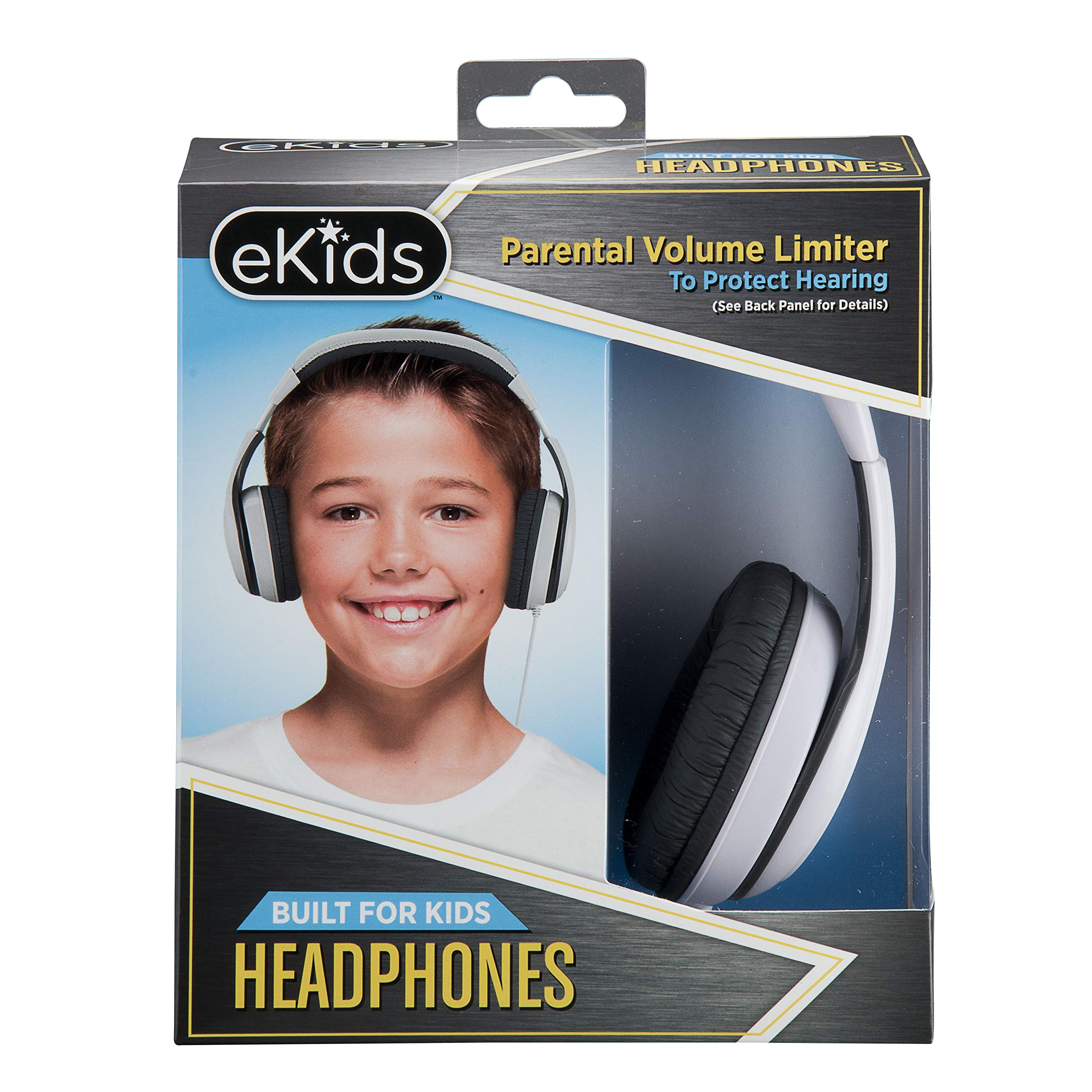 eKids Wired Over-Ear Headphones for Children - Stereo Sound, 3.5mm Jack, Tangle-Free Cord & Volume Limiting - Perfect for Travel, School & Home Use (White)