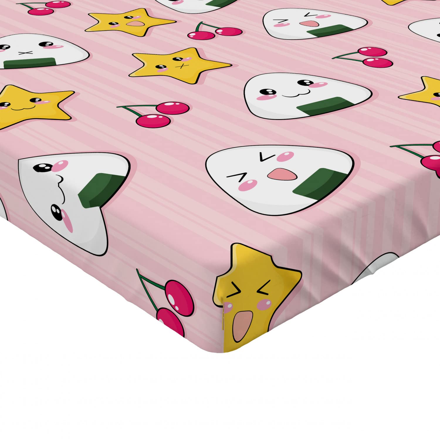 Ambesonne Anime Fitted Sheet - Happy Crying Cartoon Rice Balls with Cherries & Stars Striped Pattern, Deep Pocket Elastic Bed Cover for Twin Size (Pink, Yellow, White) | Perfect for Anime Fans' Bedroom Decor & Themed Sleepovers