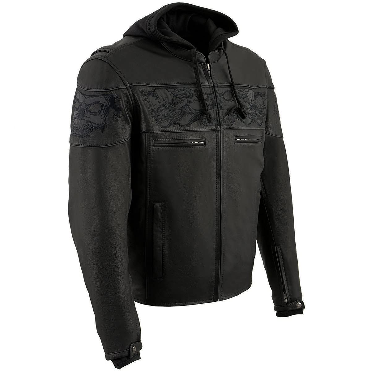 Milwaukee Leather MLM1563 Men's Black Leather Motorcycle Jacket with Reflective Skulls & Hoodie - Scooter Style Biker Jacket for Urban Commuting & Night Riding