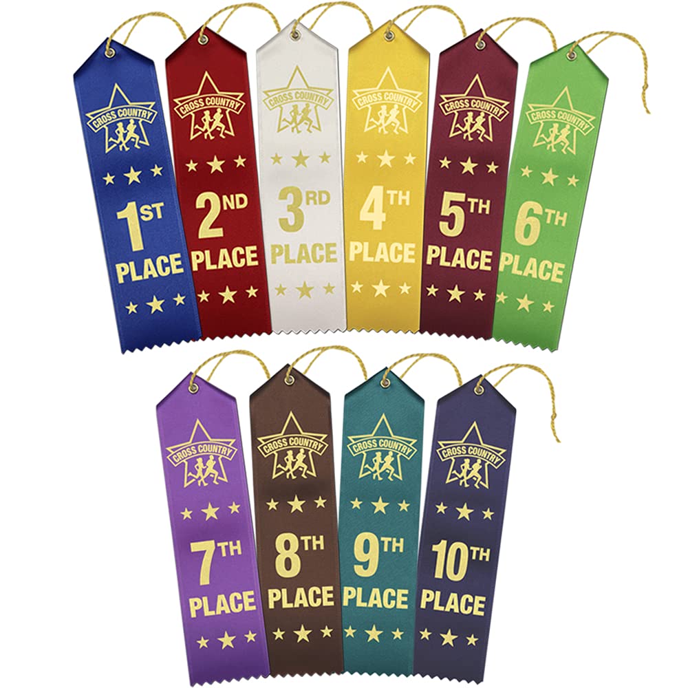 RibbonsNow 1st - 10th Place Cross Country Award Ribbons - 250 Pack (25 Each Place) with Card & String - Perfect for School Sports, Track Meets & Running Competitions