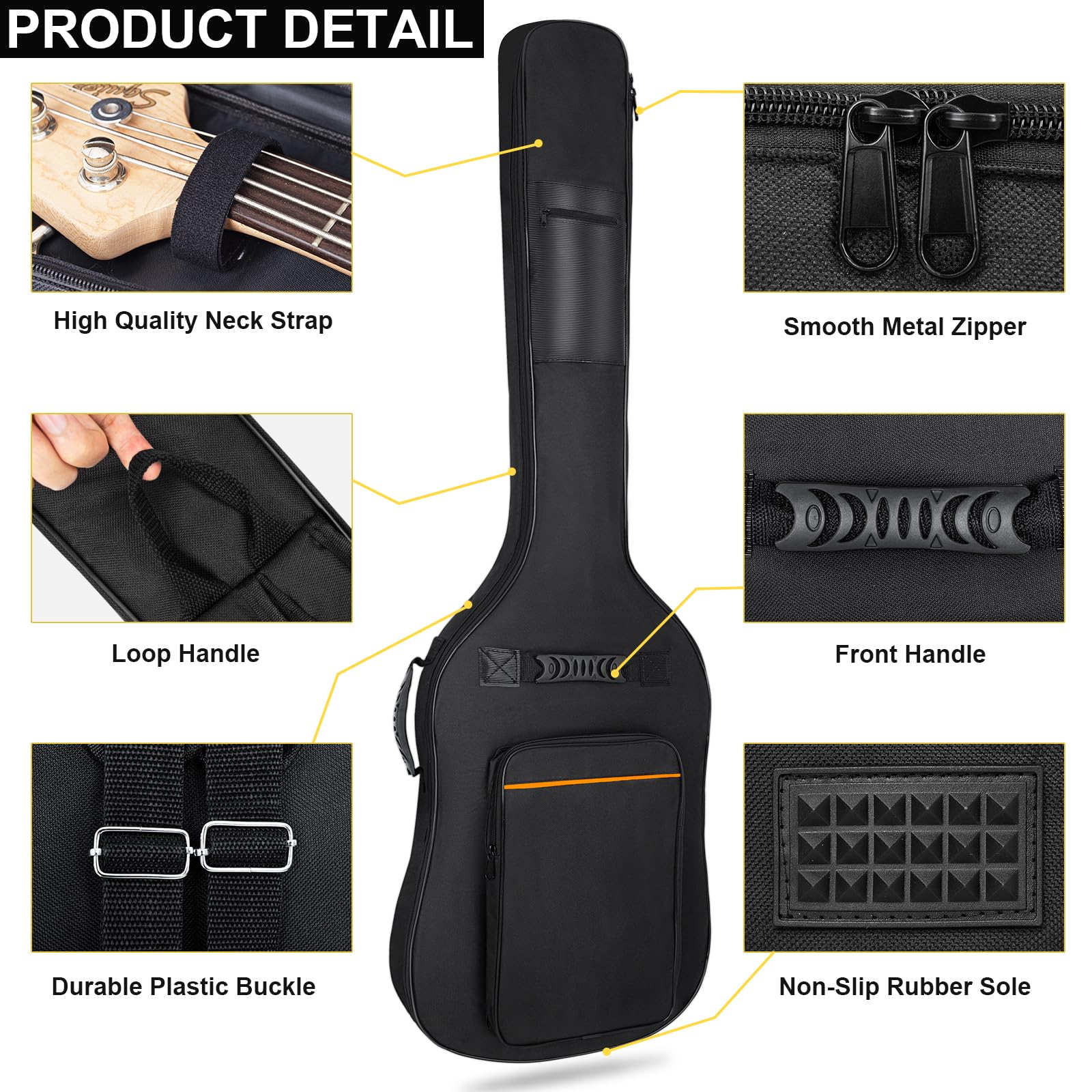 Premium 7mm Padded Waterproof Electric Bass Guitar Case - Heavy Duty Gig Bag Backpack with Neck Strap & Multiple Pockets (Black & Orange) for Professional Musicians & Travel Protection