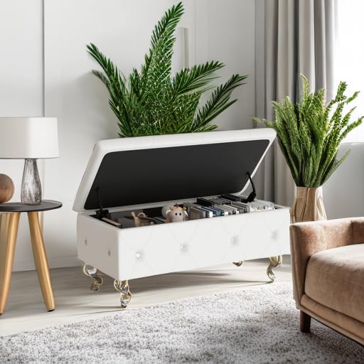 DKLGG Leather Storage Ottoman Bench with Seating - Upholstered Bedroom, Living Room & Entryway Furniture - White - Perfect for Extra Seating, Shoe Storage & Home Organization
