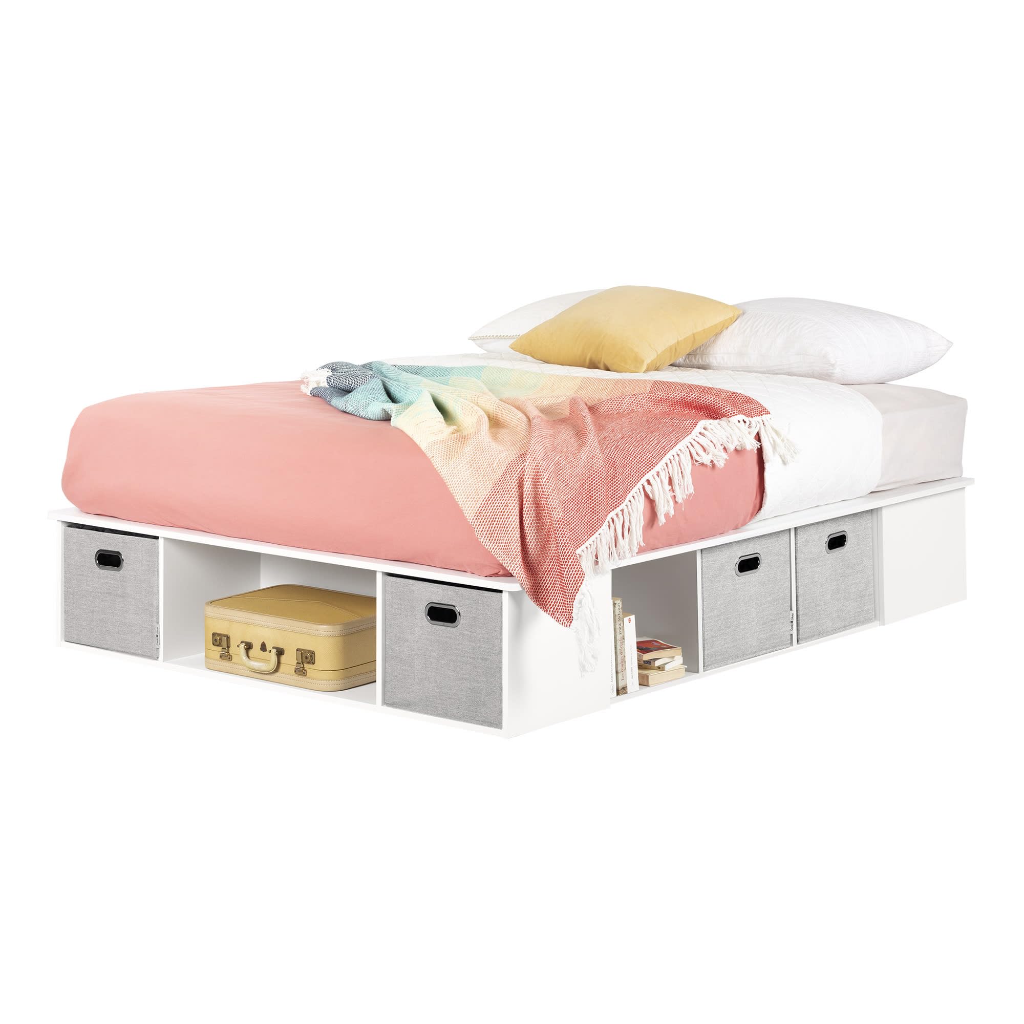 South Shore Flexible Platform Bed with Storage Baskets, Full Size, Pure White - Perfect for Small Bedrooms, Guest Rooms & Dormitories