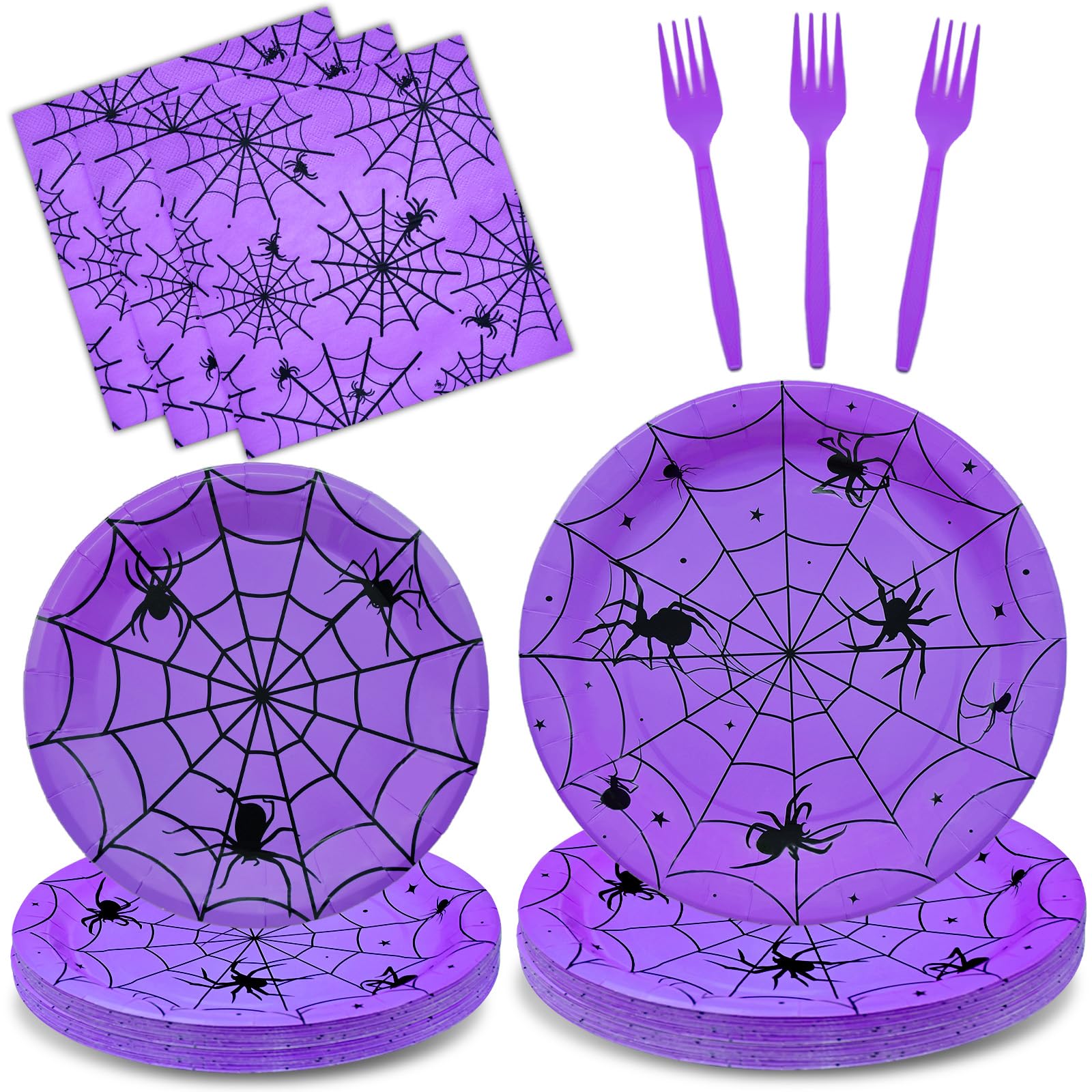 96-Piece Halloween Spider Web Disposable Dinnerware Set - Purple Paper Plates, Napkins & Forks for Spooky Parties, Birthday Decor - Serves 24 | Perfect for Halloween Celebrations, Themed Dinners & Festive Gatherings