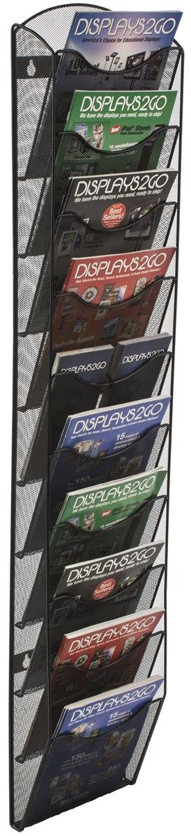 Wall Mount Literature Rack with 10 Adjustable Pockets - Black Steel Mesh File Folder Organizer for Office, School, or Retail Store Displays