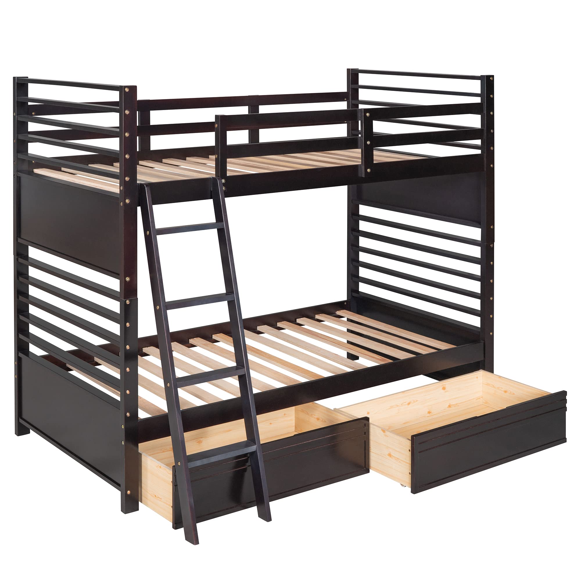 P PURLOVE Twin Over Twin Wood Bunk Bed Frame with 2 Storage Drawers & Removable Ladder - Converts to 2 Single Beds - No Box Spring Needed - Espresso Finish - Perfect for Kids, Teens & Small Bedrooms