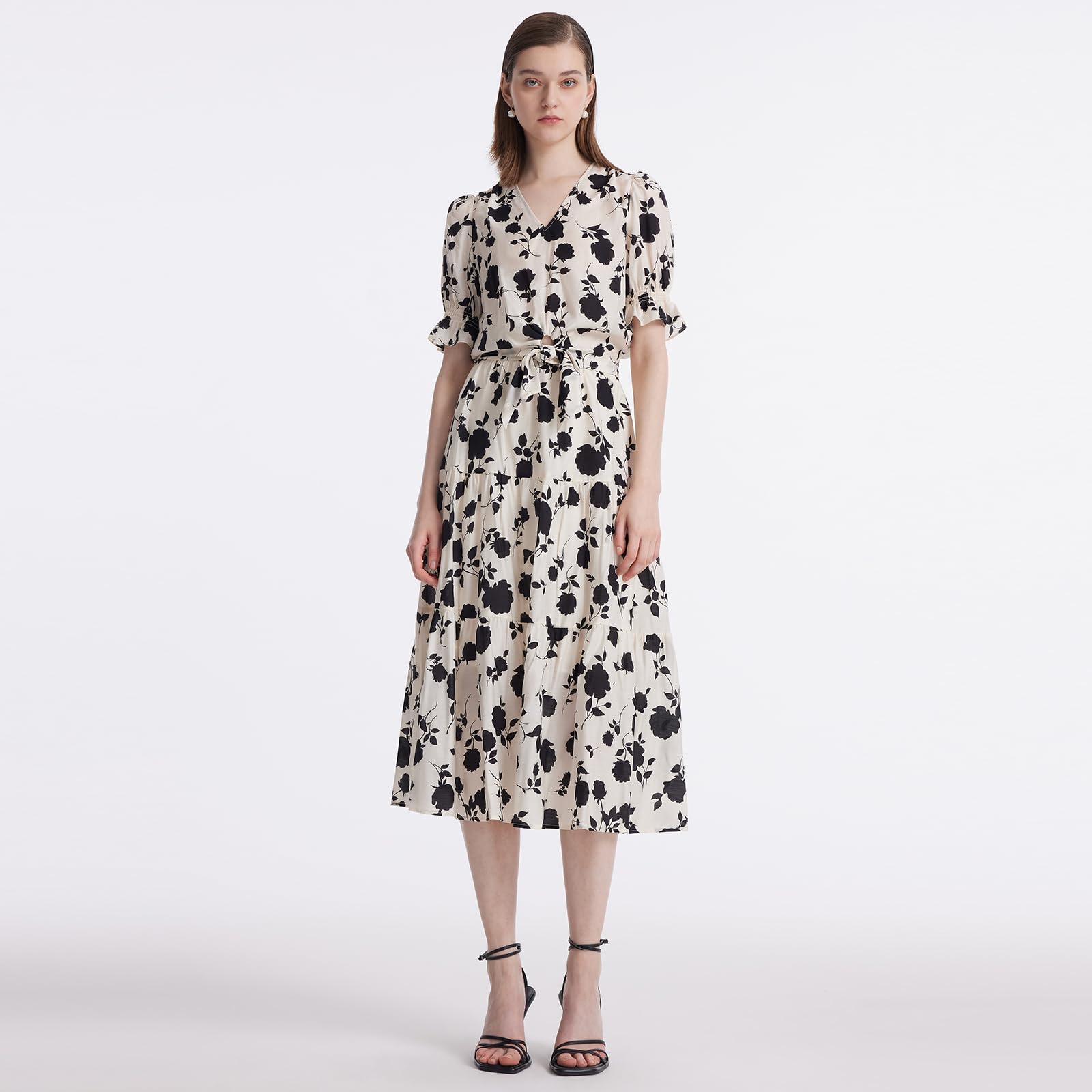 2 Piece Skirt Sets for Women - Classic Business Outfits with Puff Sleeve V-Neck Blouse & Maxi Skirt | Rose Printed Acetate Fabric | Office Wear, Formal Occasions & Professional Events