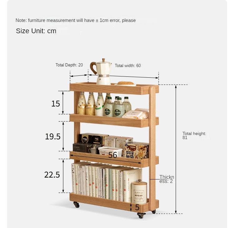 Oak Solid Wood Mobile Storage Rack Cart - Ultra Narrow Space-Saving Organizer for Kitchen, Bathroom, or Office Use