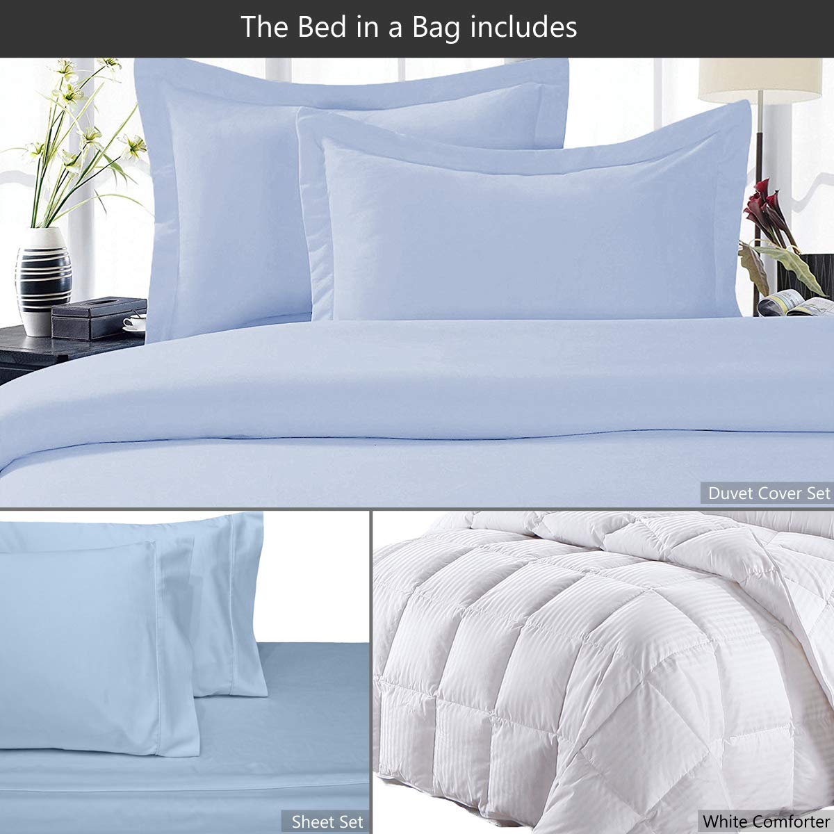 8-Piece 100% Cotton Solid Blue & White Striped Queen Size Down Comforter Bedding Set - Includes Sheet Set, Duvet Cover & All-Season 550 Fill Power Down Comforter (300 Thread Count) - Perfect for Cozy Bedrooms, Guest Rooms & Luxury Hotel-Style Comfort