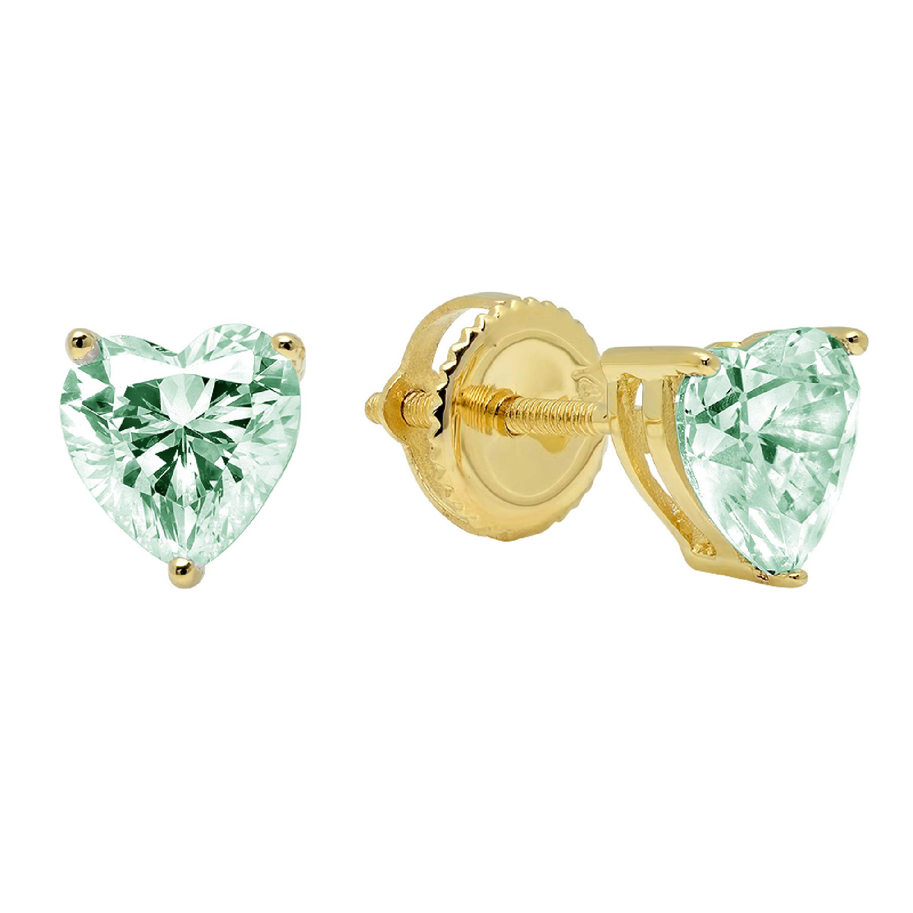 1.44cttw Genuine Light Sea Green CZ Heart Cut Solitaire Stud Earrings in 14k Yellow Gold - Screw Back for Secure Fit - Perfect Anniversary & Birthday Gift for Women & Men - Ideal for Weddings, Parties & Special Occasions