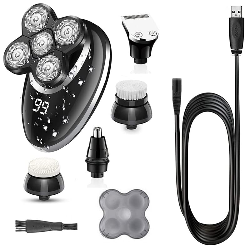 5-in-1 Electric Razor for Men - Wet & Dry Rechargeable Shaver with LED Display | Rotary Beard Trimmer & Body Groomer | Perfect for Travel, Gym & Daily Shaving (Washable Grooming Kit)