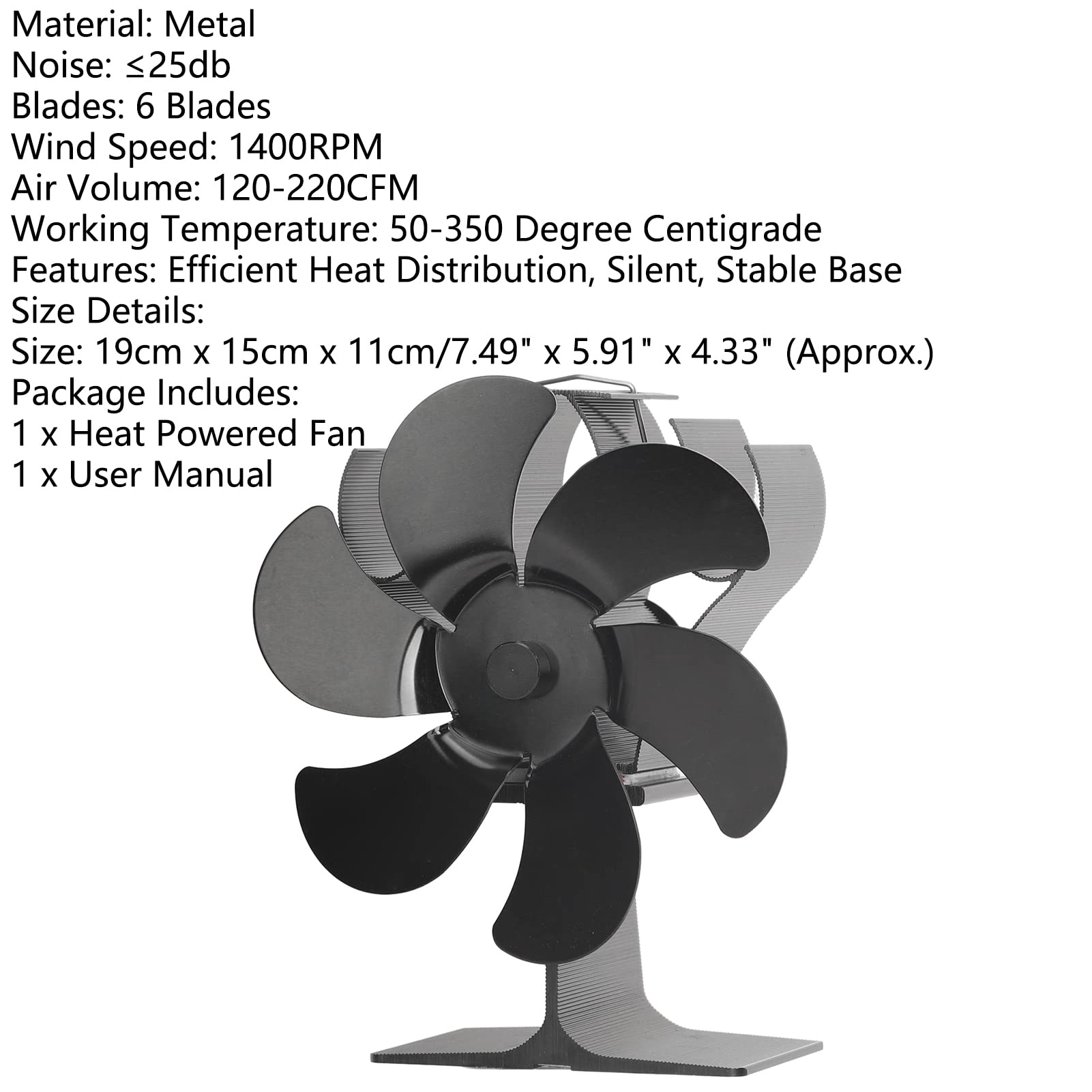 Saterkali 6-Blade Heat Powered Stove Fan - 1400RPM, 120-220CFM, No Batteries Needed, Efficient & Silent Wood Stove Fan for Fireplace, Black - Perfect for Heating Homes, Cabins & Outdoor Spaces