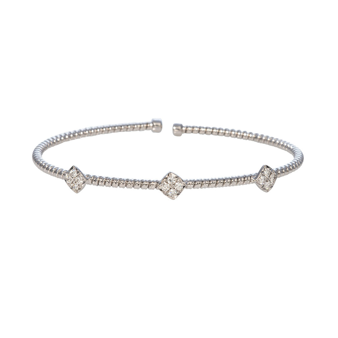 18K White Gold Diamond 3 Station Flexible Cuff Bangle Bracelet for Women - Elegant Jewelry Gift for Anniversary, Wedding & Special Occasions