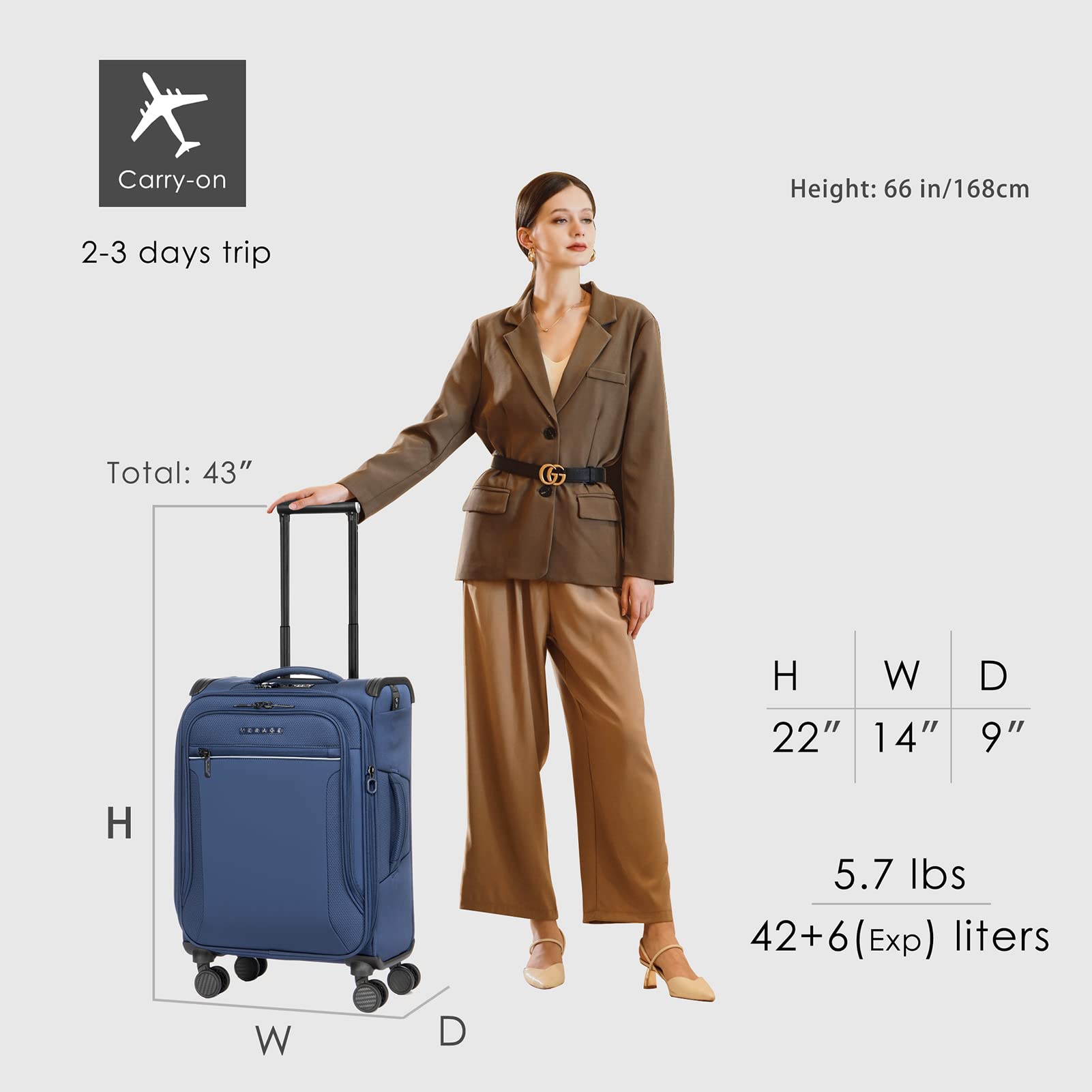 Vercase Toledo Expandable 20-Inch Carry On Luggage with 360° Spinner Wheels - Lightweight Softside Suitcase for Travel, Business & Weekend Trips (Navy Blue)