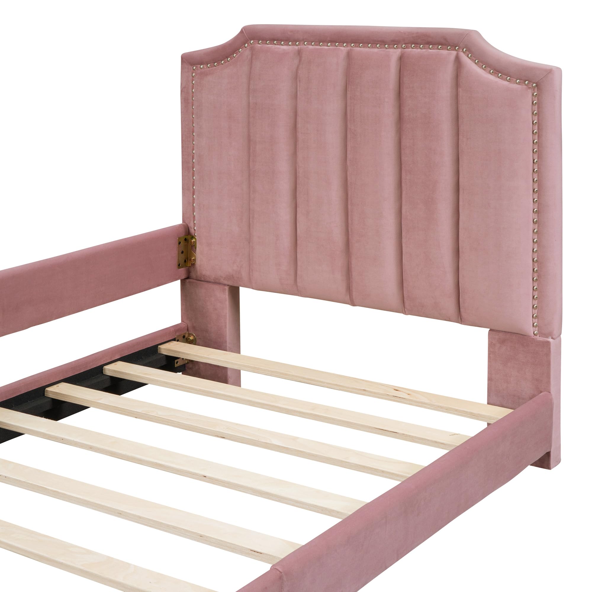 Harper & Bright Designs Upholstered Twin Daybed Frame for Kids - Velvet Twin Bed with Classic Striped Headboard, Sturdy Wood Frame for Boys & Girls - Pink (Perfect for Bedrooms, Playrooms & Guest Rooms)