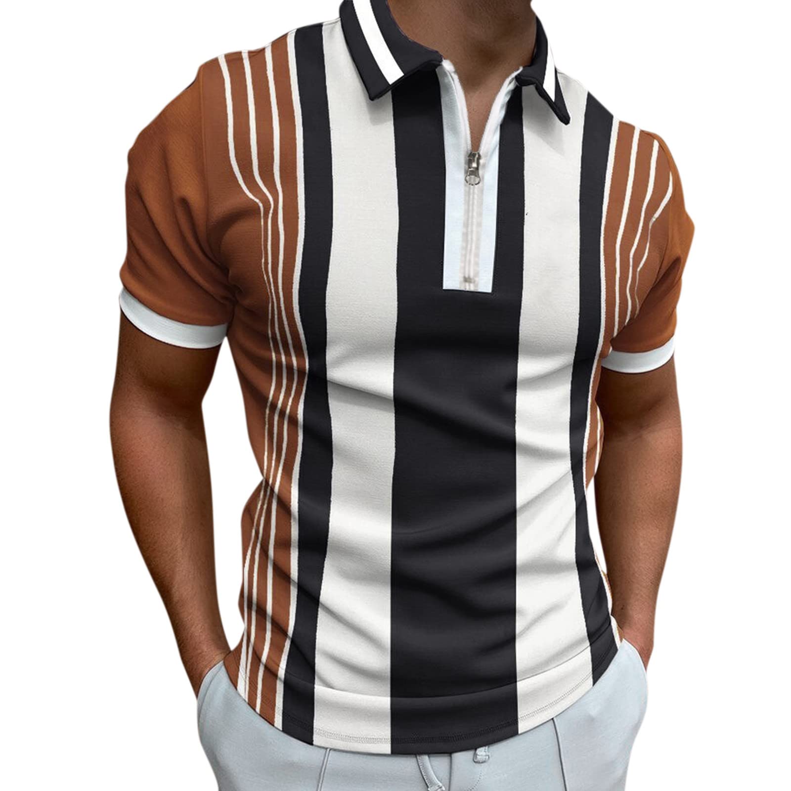 Uoki Men's Casual Polo Shirts - 2022 Short Sleeve Striped Printed Zipper Summer Tops, Slim Fit Turn-Down Collar Tee for Outdoor Activities, Work & Casual Wear