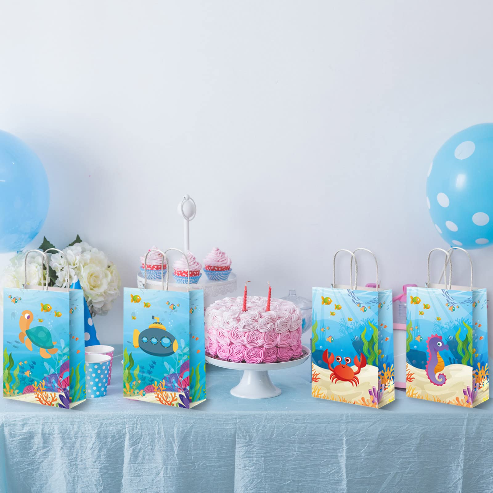 12 Pack Under the Sea Party Favor Bags - Ocean Themed Marine Animal Treat Bags with Fish, Mermaid & Sea Creature Designs for Kids Birthday, Baby Shower & Themed Parties - Perfect for Candy, Goodies & Party Favors