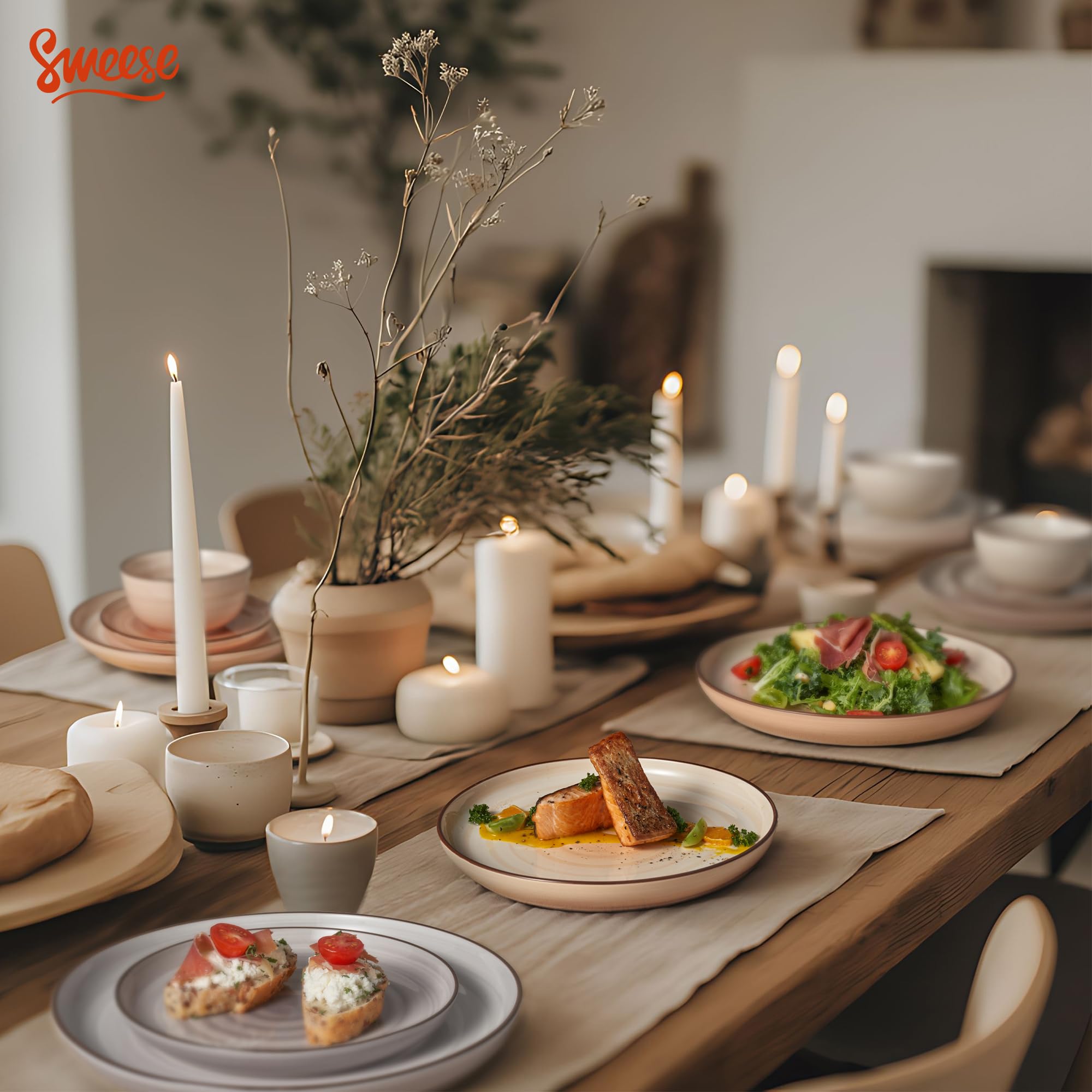Sweese 18-Piece Porcelain Dinnerware Set - Round Plates & Bowls for 6, Microwave & Dishwasher Safe, Scratch-Resistant Hand-Painted Swirl Design | Perfect for Family Dinners, Entertaining Guests & Everyday Use