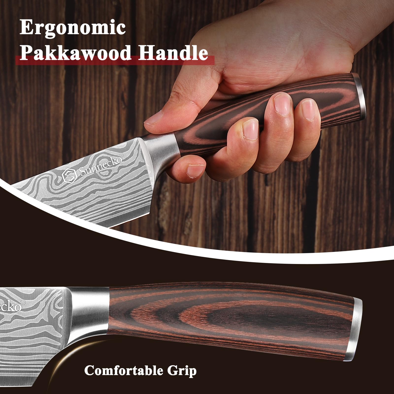 Sunnecko 3-Piece Professional Chef Knife Set - High Carbon Stainless Steel Kitchen Knives with Ergonomic Wooden Handle - Perfect for Chopping, Slicing & Dicing Vegetables, Meat & Fruits