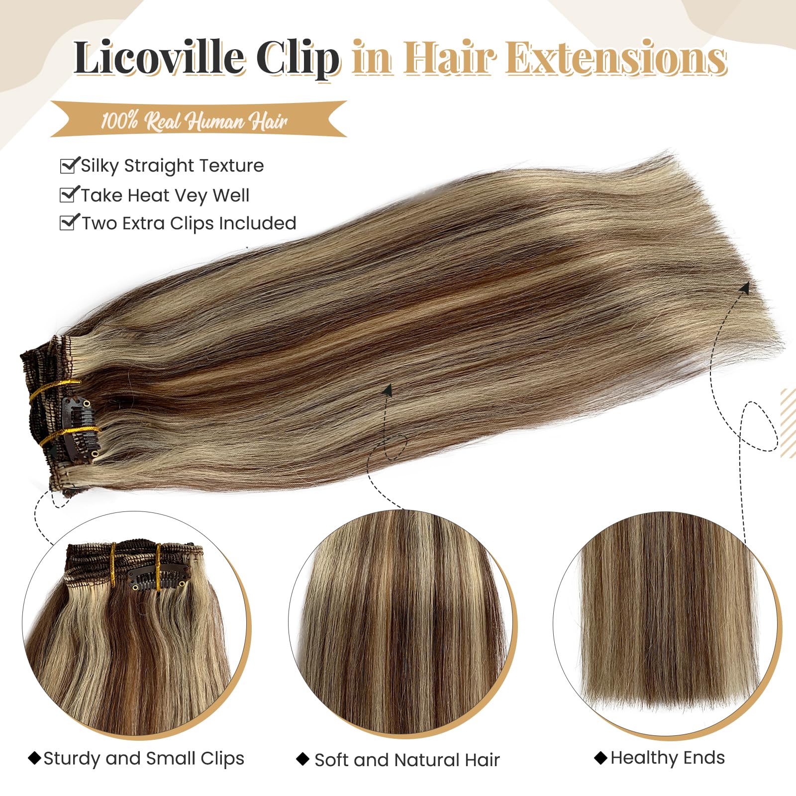 Remy Clip-in Human Hair Extensions 22 Inch - Medium Brown Mix with Bleach Blonde Highlights, 70g 7pcs Double Weft Straight Hair Extensions for Volume & Length | Perfect for Parties, Weddings & Daily Styling